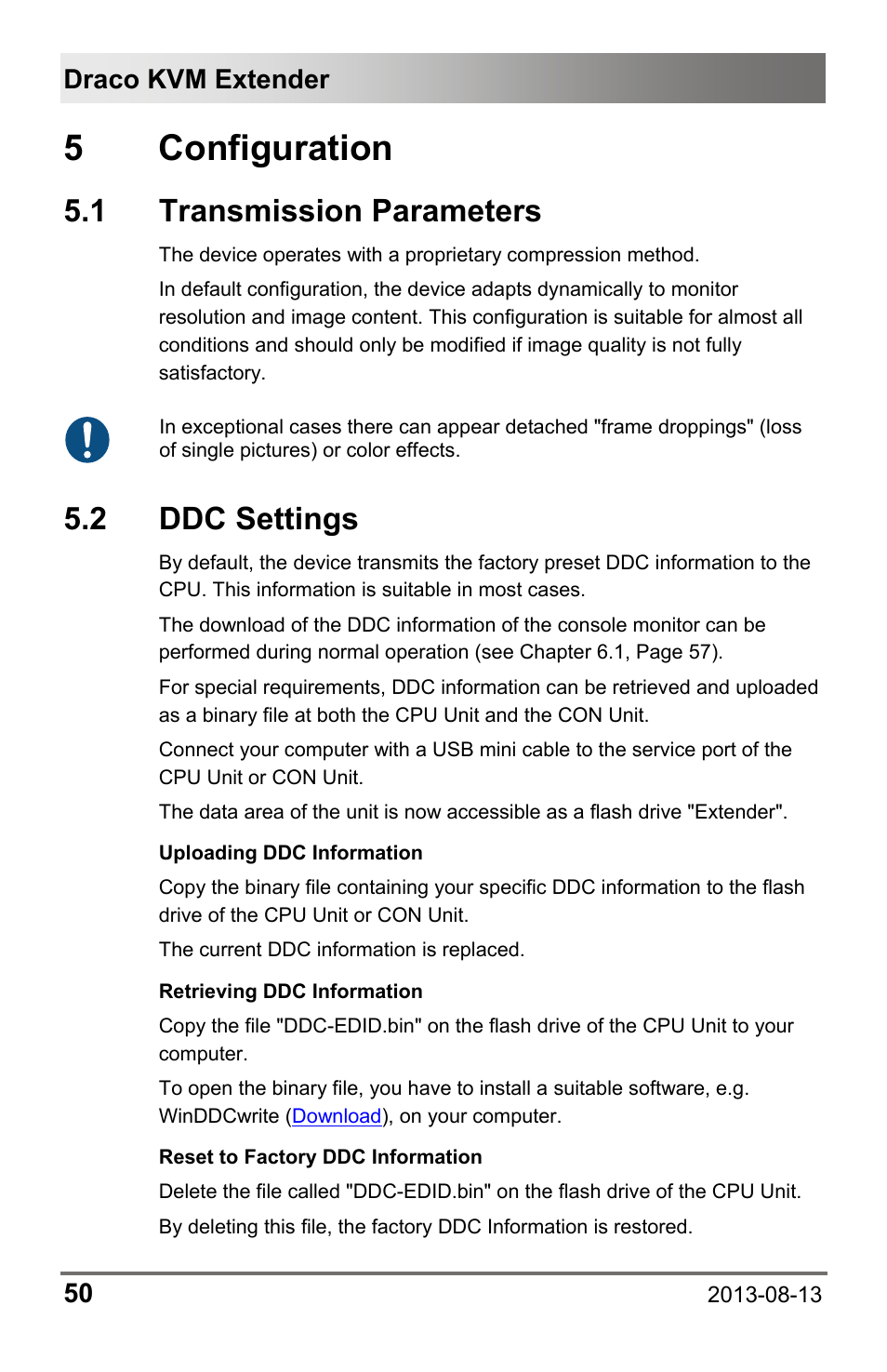 5 configuration, 1 transmission parameters, 2 ddc settings | 1 transmission, Parameters, 2 ddc, Settings, Draco kvm extender 50 | IHSE USA 481 Series Draco vario HDMI User Manual | Page 50 / 91