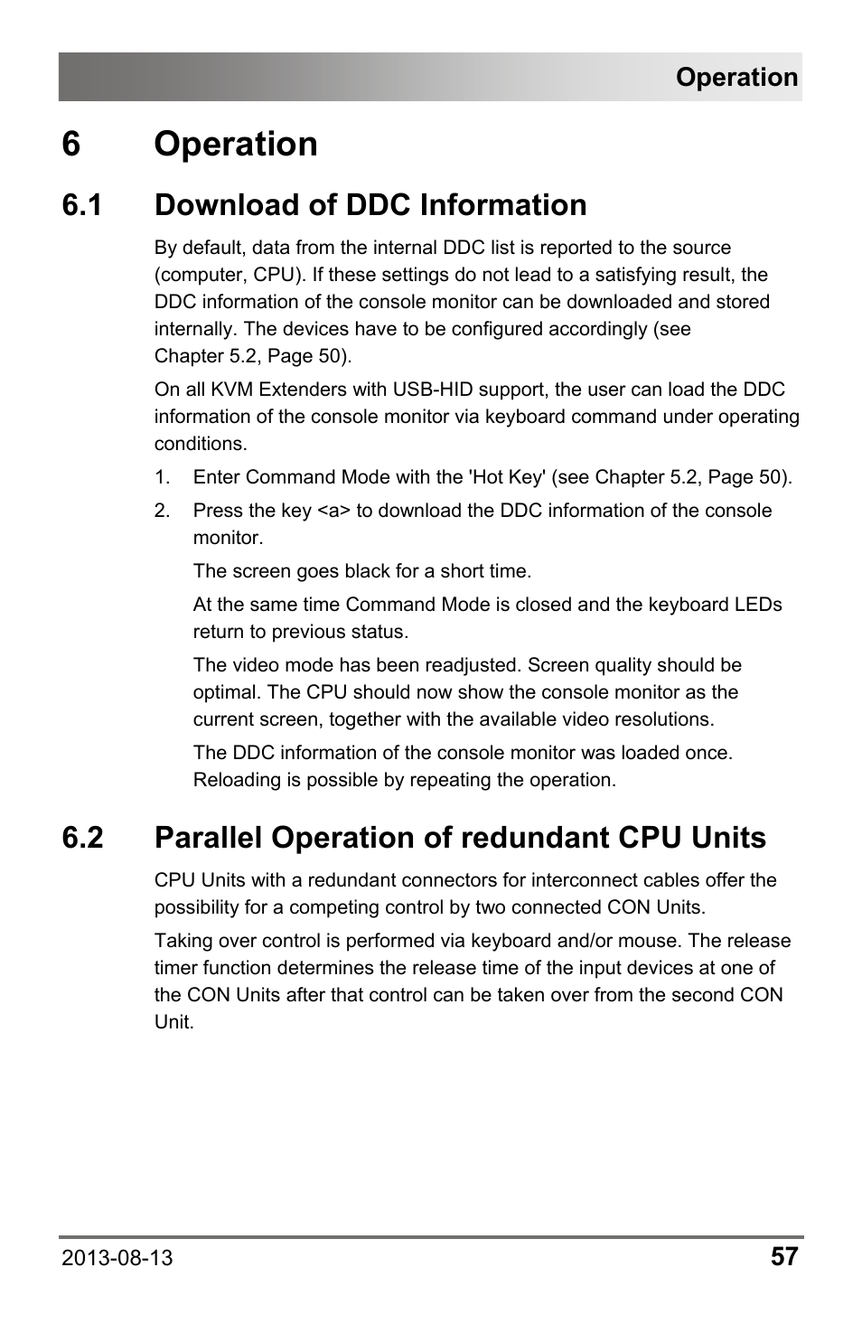 6 operation, 1 download of ddc information, 2 parallel operation of redundant cpu units | 1 download, Ddc information, 2 parallel, Operation of redundant cpu units, Operation | IHSE USA 481 Series Draco vario HDMI User Manual | Page 57 / 91