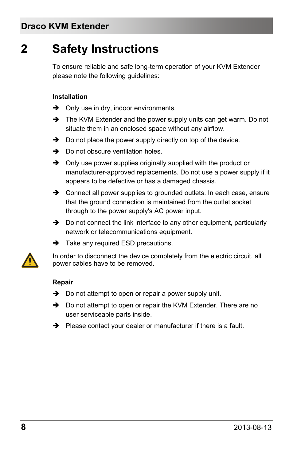 2 safety instructions, 2 safety, Instructions | Draco kvm extender 8 | IHSE USA 481 Series Draco vario HDMI User Manual | Page 8 / 91