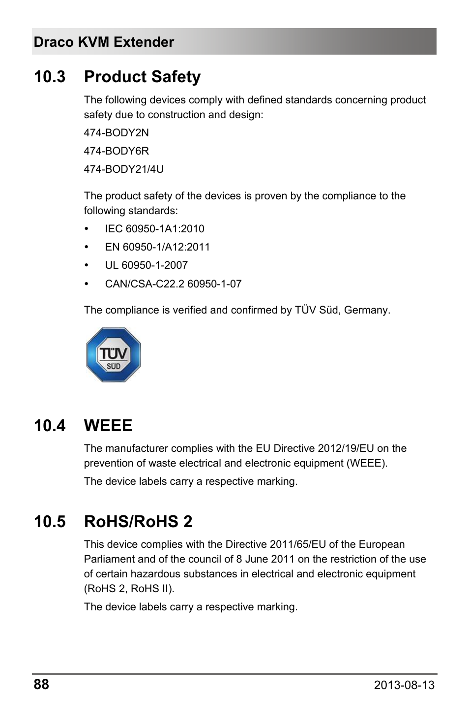 3 product safety, 4 weee, 5 rohs/rohs 2 | 3 product, Safety, Draco kvm extender 88 | IHSE USA 481 Series Draco vario HDMI User Manual | Page 88 / 91