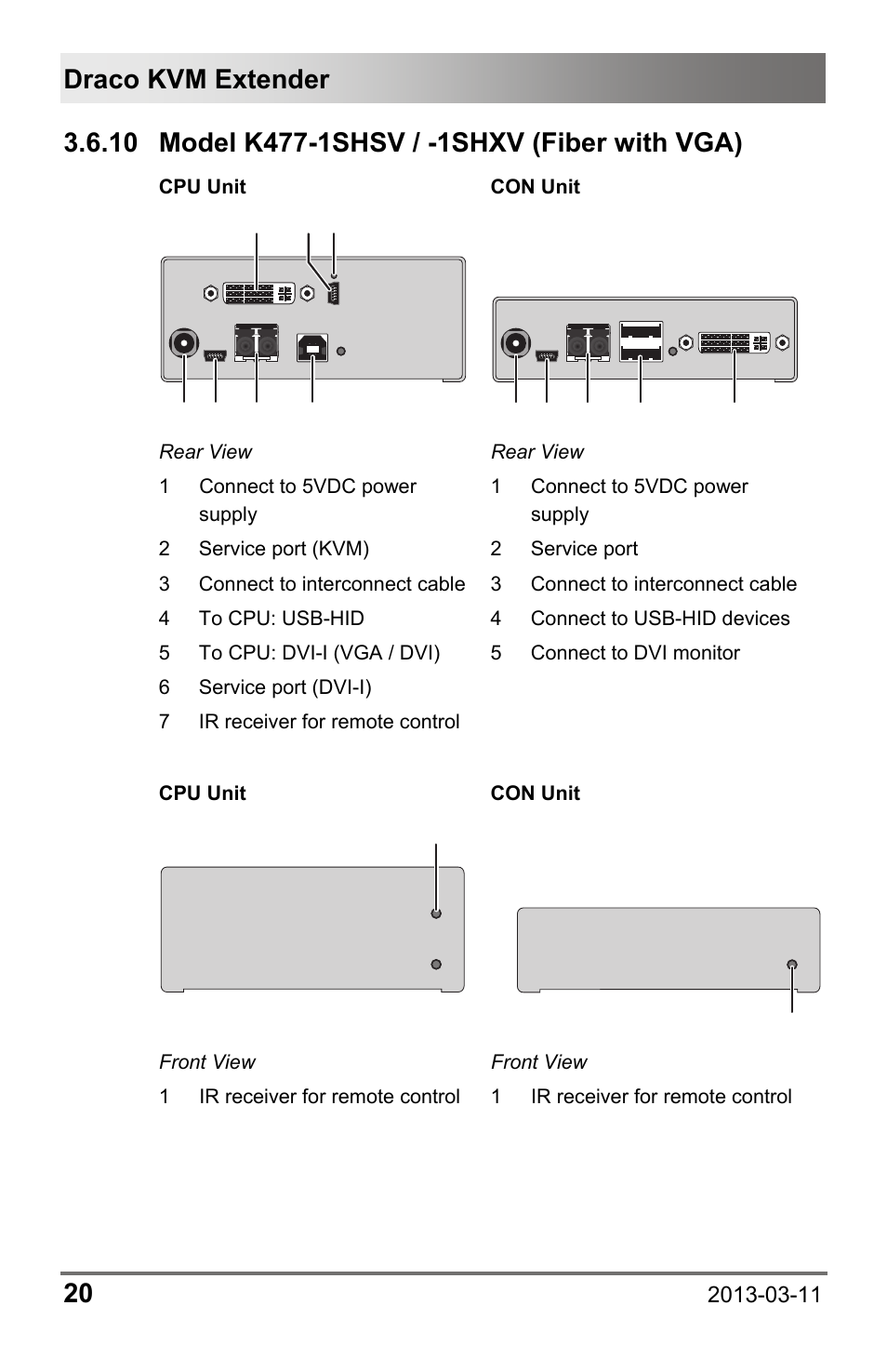 10 model k477-1shsv / -1shxv (fiber with vga), 10 model k477-1shsv / -1shxv (fiber with vga). 20, Draco kvm extender 20 | IHSE USA 477 Series Draco compact User Manual | Page 20 / 67