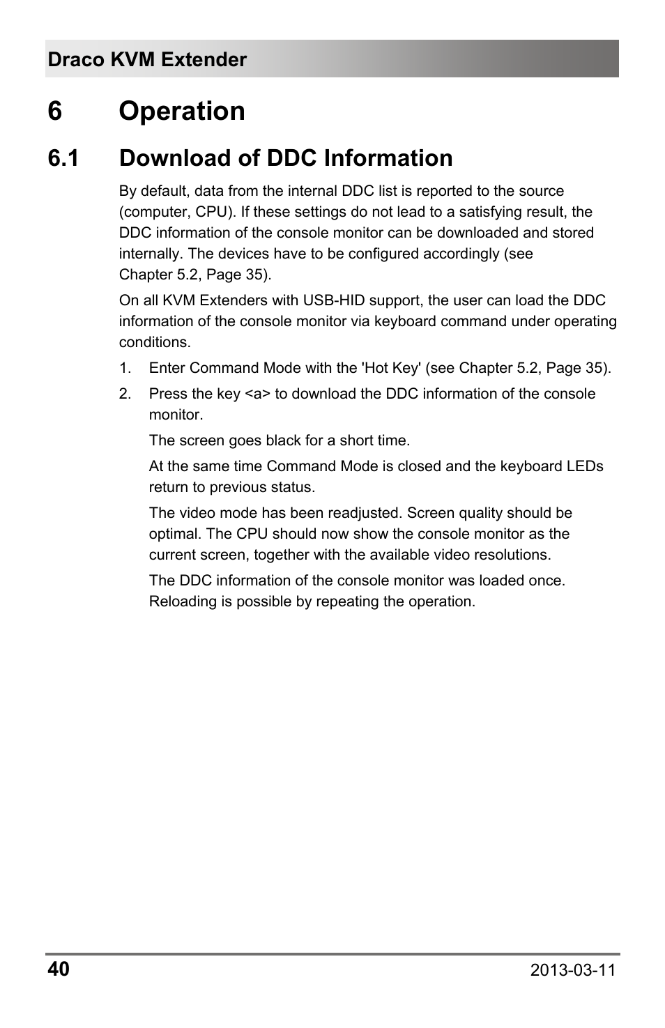 6 operation, 1 download of ddc information, 1 download | Ddc information, Draco kvm extender 40 | IHSE USA 477 Series Draco compact User Manual | Page 40 / 67