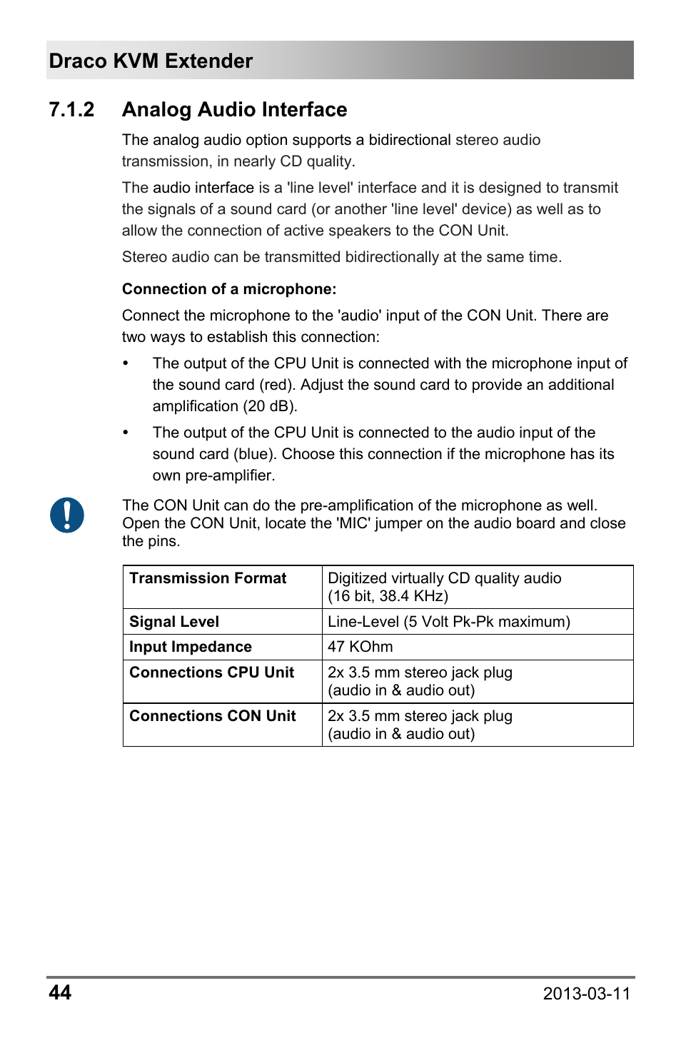 2 analog audio interface, 2 analog, Audio interface | Draco kvm extender 44 | IHSE USA 477 Series Draco compact User Manual | Page 44 / 67