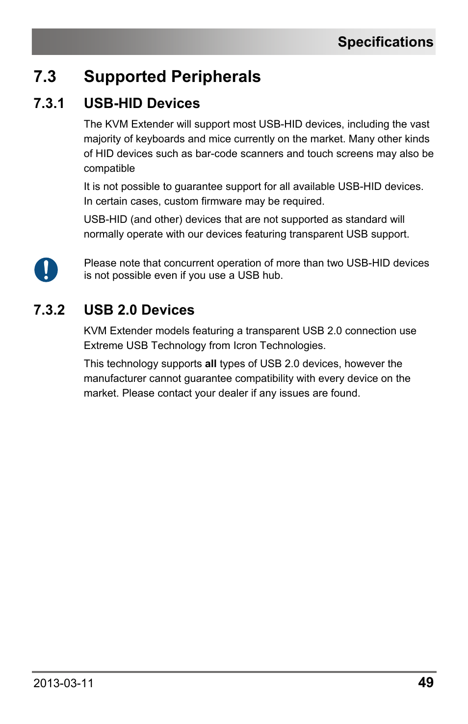 3 supported peripherals, 1 usb-hid devices, 2 usb 2.0 devices | 3 supported, Peripherals, 2 usb, 0 devices, Specifications | IHSE USA 477 Series Draco compact User Manual | Page 49 / 67