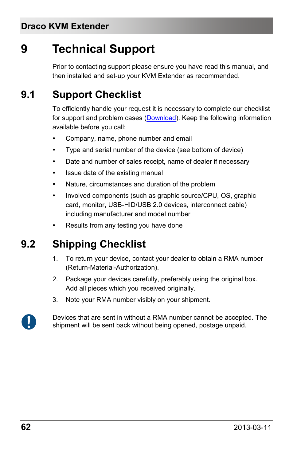 9 technical support, 1 support checklist, 2 shipping checklist | 9 technical, Support, 1 support, Checklist, 2 shipping, Draco kvm extender 62 | IHSE USA 477 Series Draco compact User Manual | Page 62 / 67