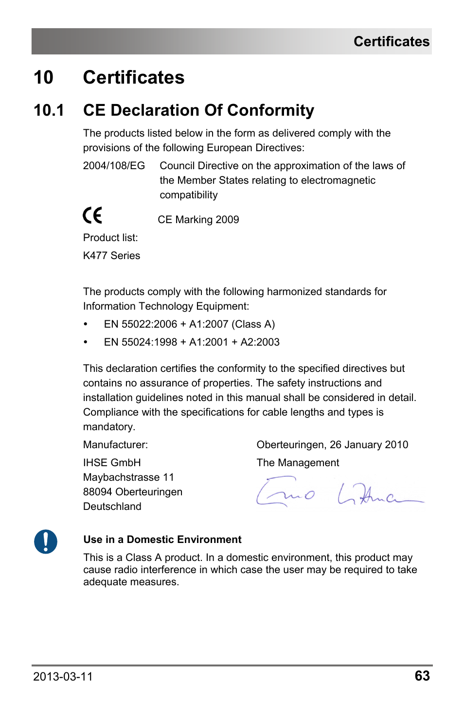 10 certificates, 1 ce declaration of conformity, 1 ce | Declaration of conformity, Certificates | IHSE USA 477 Series Draco compact User Manual | Page 63 / 67
