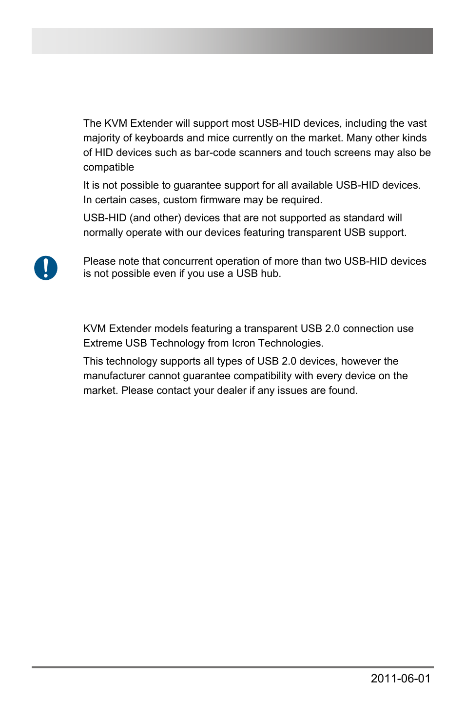 3 supported peripherals, 1 usb-hid devices, 2 usb 2.0 devices | 3 supported, Peripherals, 2 usb, 0 devices, Dxxi kvm extender 46 | IHSE USA 472 Series DXXi KVM Extender User Manual | Page 46 / 60
