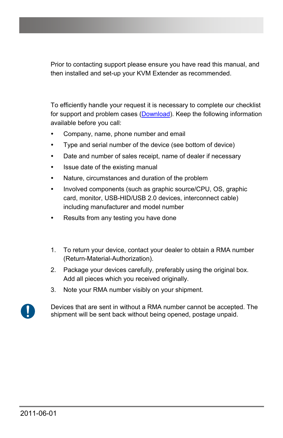 9 technical support, 1 support checklist, 2 shipping checklist | 9 technical, Support, 1 support, Checklist, 2 shipping, Technical support | IHSE USA 472 Series DXXi KVM Extender User Manual | Page 55 / 60