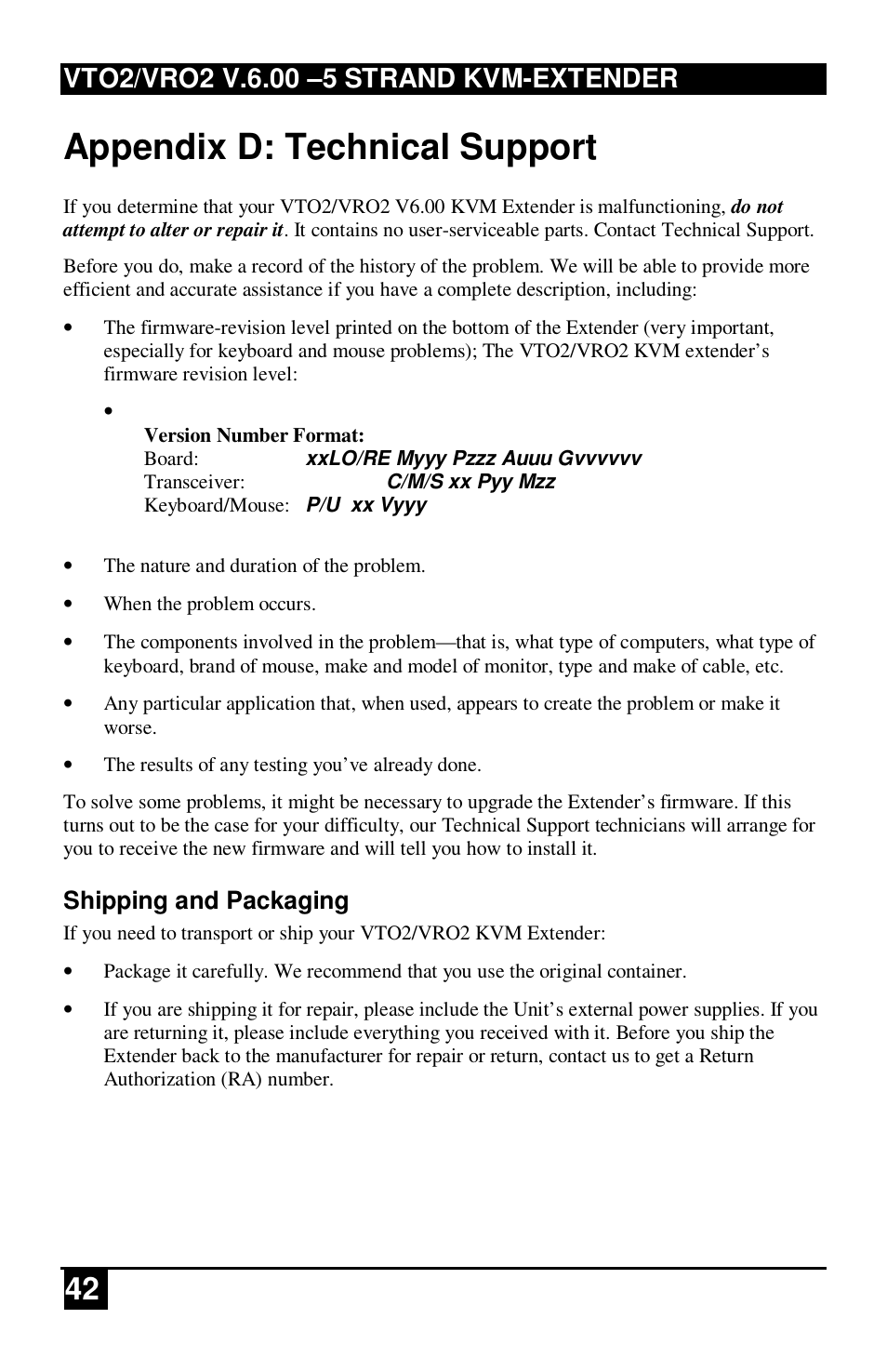 Appendix d: technical support, Shipping and packaging | IHSE USA 234 Series VTO2/VRO2 KVM-Extender User Manual | Page 42 / 48