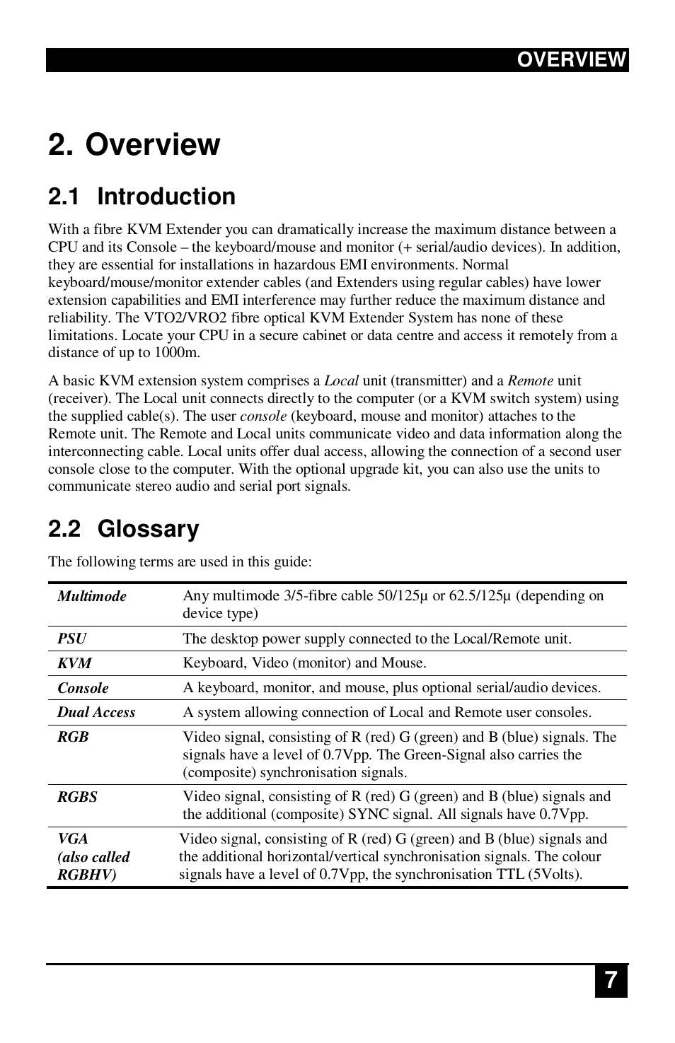 1 introduction, 2 glossary, Overview | IHSE USA 234 Series VTO2/VRO2 KVM-Extender User Manual | Page 7 / 48