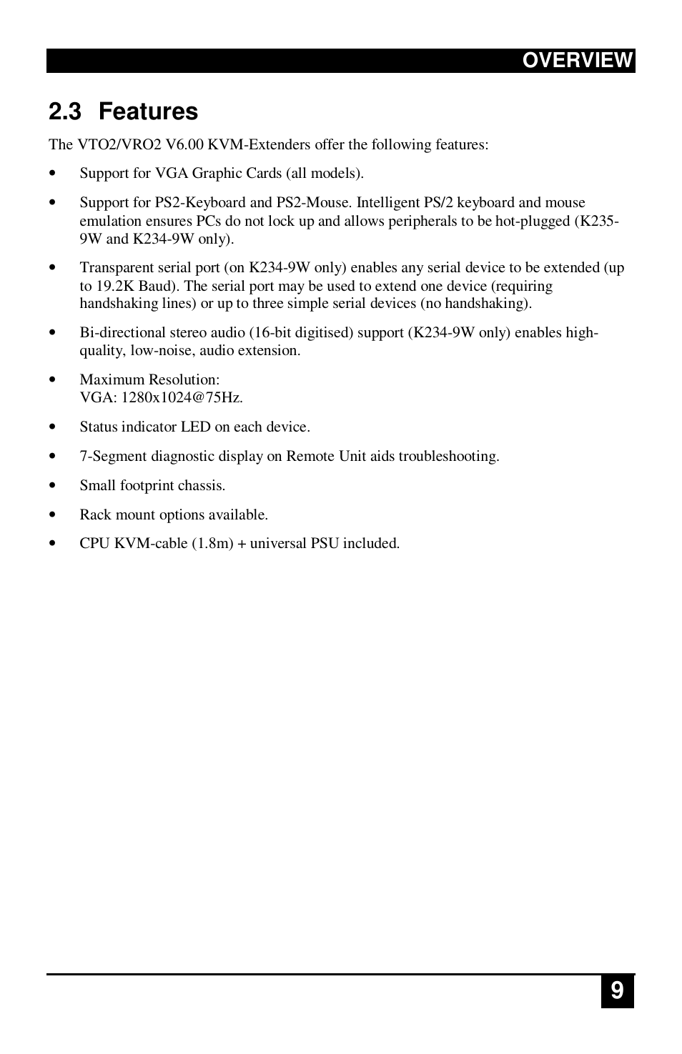 3 features, Overview | IHSE USA 234 Series VTO2/VRO2 KVM-Extender User Manual | Page 9 / 48