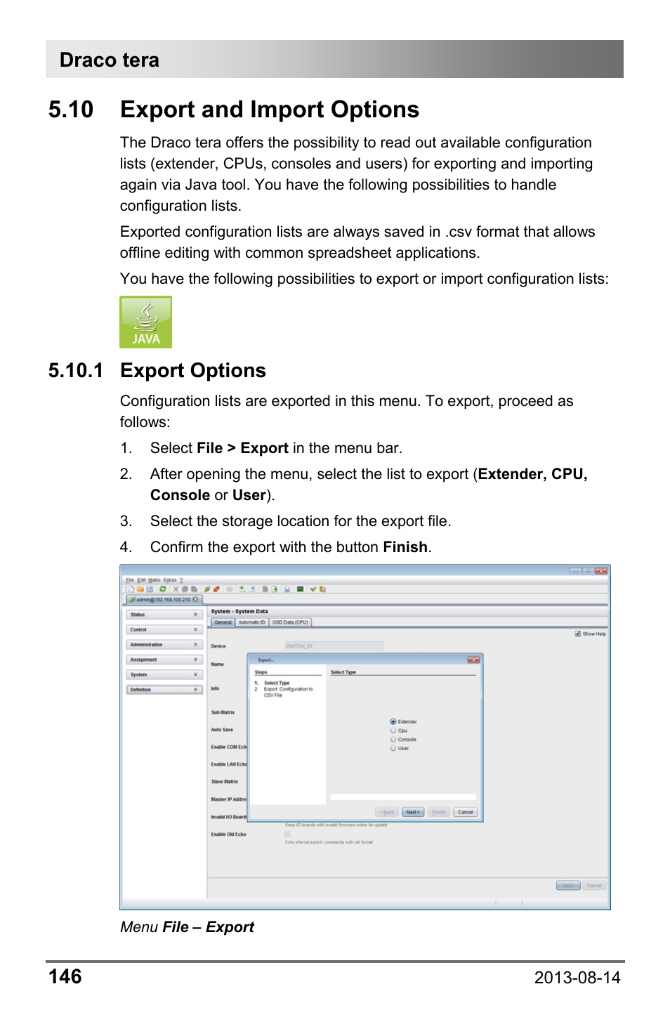 10 export and import options, 1 export options, 10 export | Import options, Draco tera 146 | IHSE USA 480 Series Draco tera enterprise User Manual | Page 146 / 209