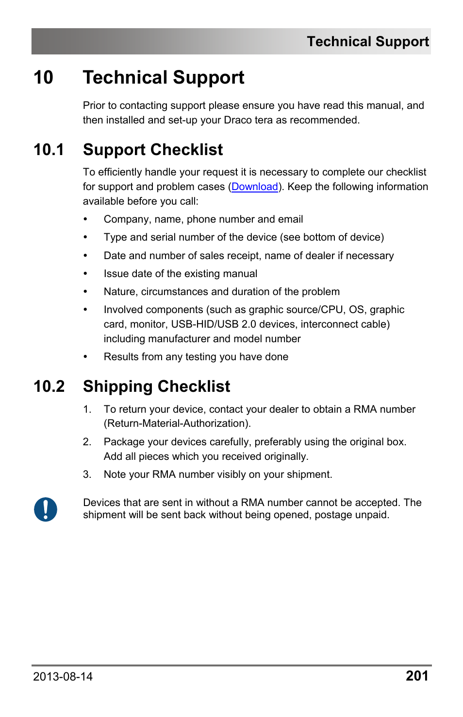10 technical support, 1 support checklist, 2 shipping checklist | 1 support, Checklist, 2 shipping, Technical support | IHSE USA 480 Series Draco tera enterprise User Manual | Page 201 / 209