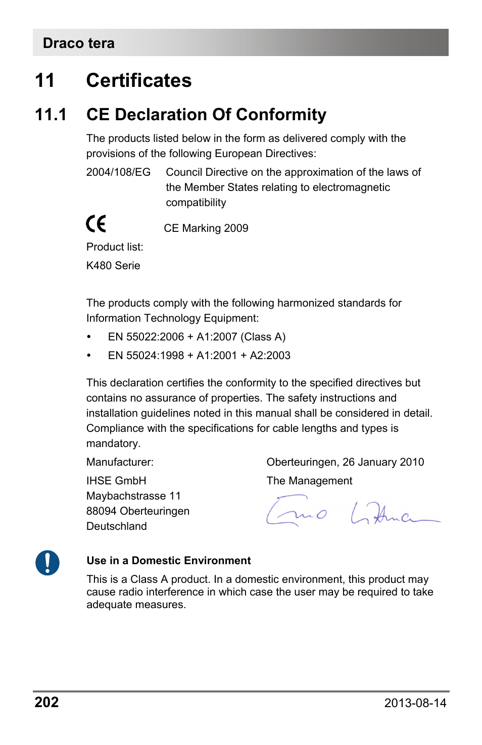 11 certificates, 1 ce declaration of conformity, 1 ce | Declaration of conformity, Draco tera 202 | IHSE USA 480 Series Draco tera enterprise User Manual | Page 202 / 209