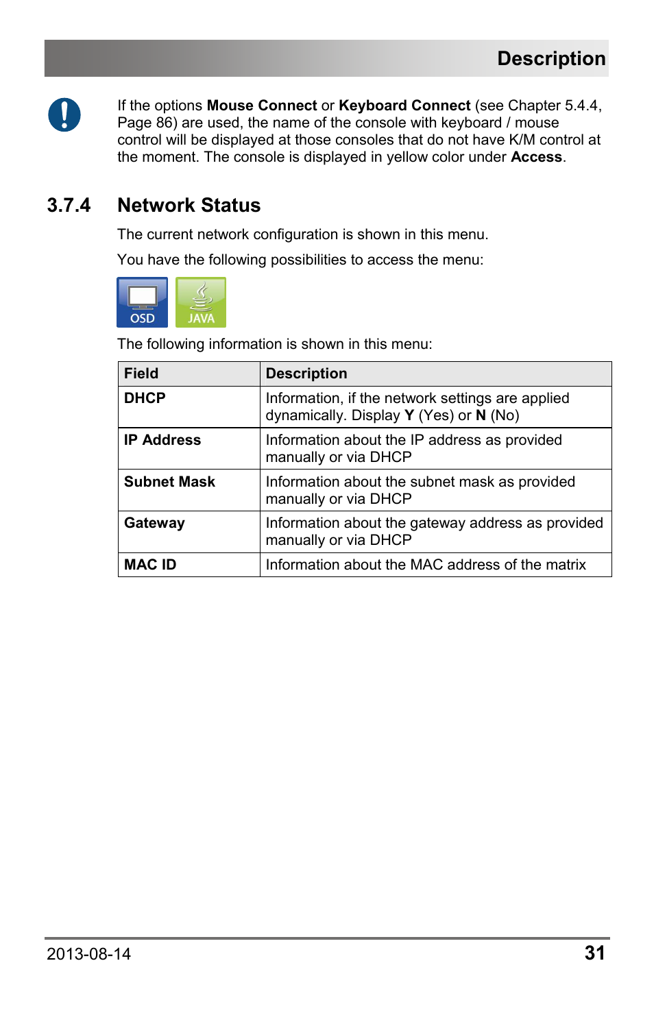 4 network status, Description | IHSE USA 480 Series Draco tera enterprise User Manual | Page 31 / 209