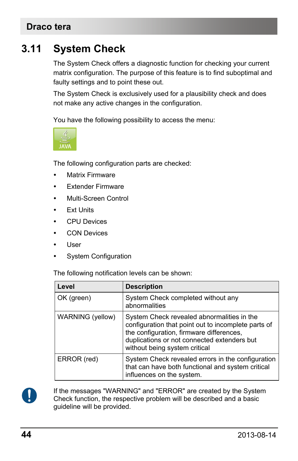 11 system check, 11 system, Check | Draco tera 44 | IHSE USA 480 Series Draco tera enterprise User Manual | Page 44 / 209