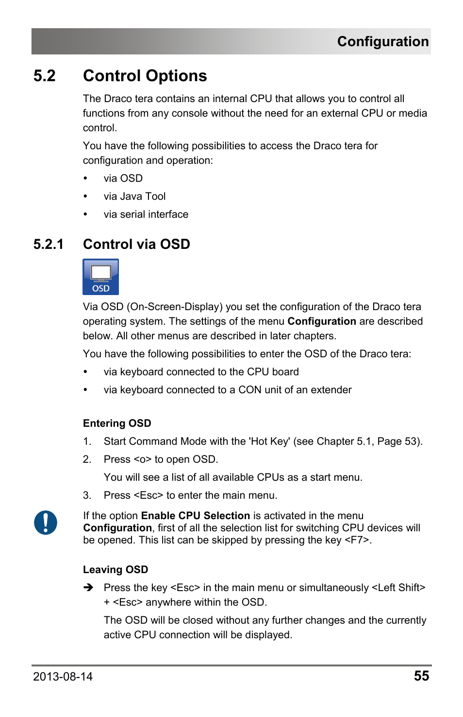2 control options, 1 control via osd, 2 control | Options, Configuration | IHSE USA 480 Series Draco tera enterprise User Manual | Page 55 / 209