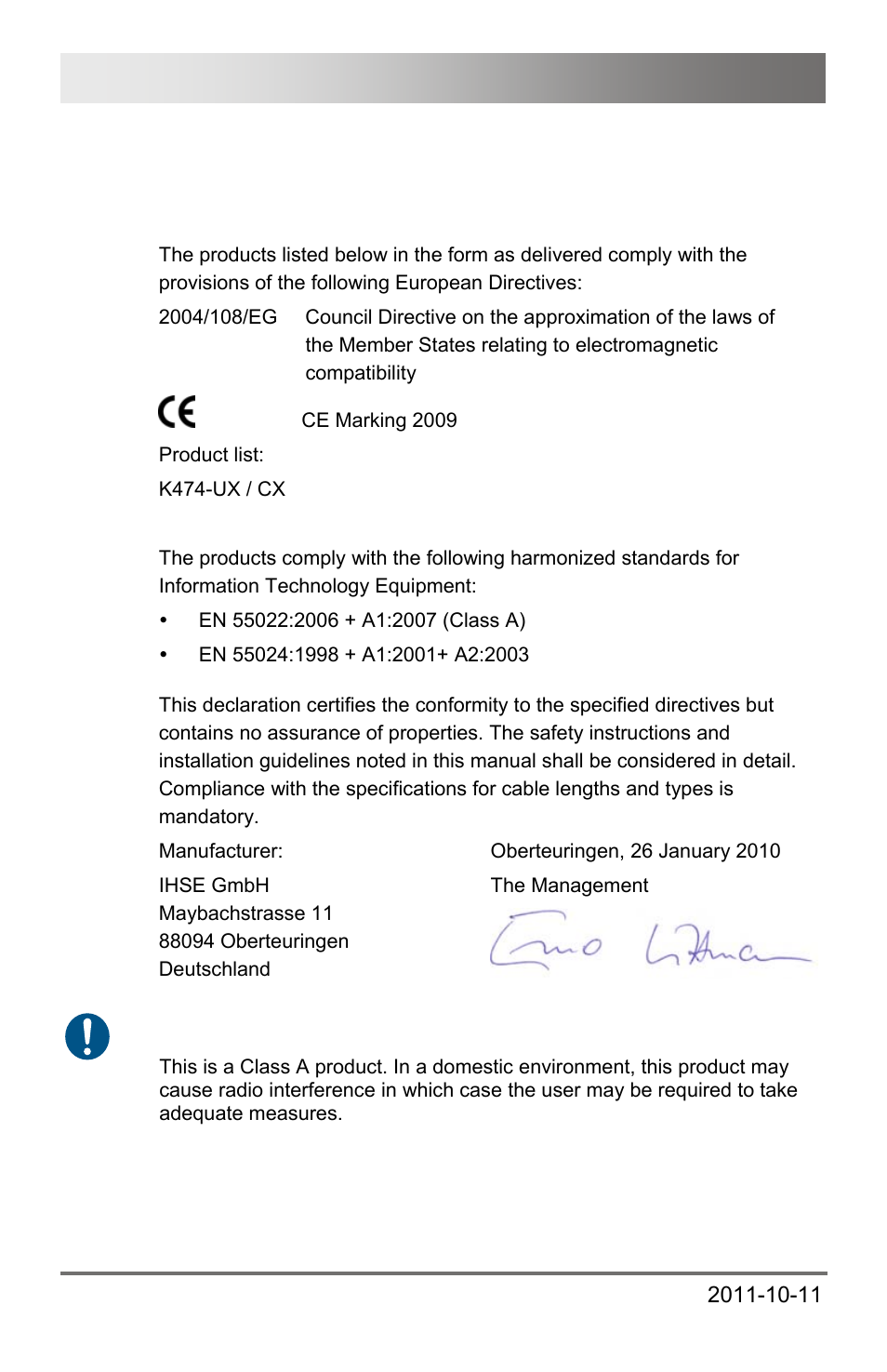 10 regulatory and standards compliance, 1 ce declaration of conformity, 10 regulatory | Standards compliance, 1 ce, Declaration of conformity, Draco major 162 | IHSE USA 474 Series Draco major User Manual | Page 162 / 167