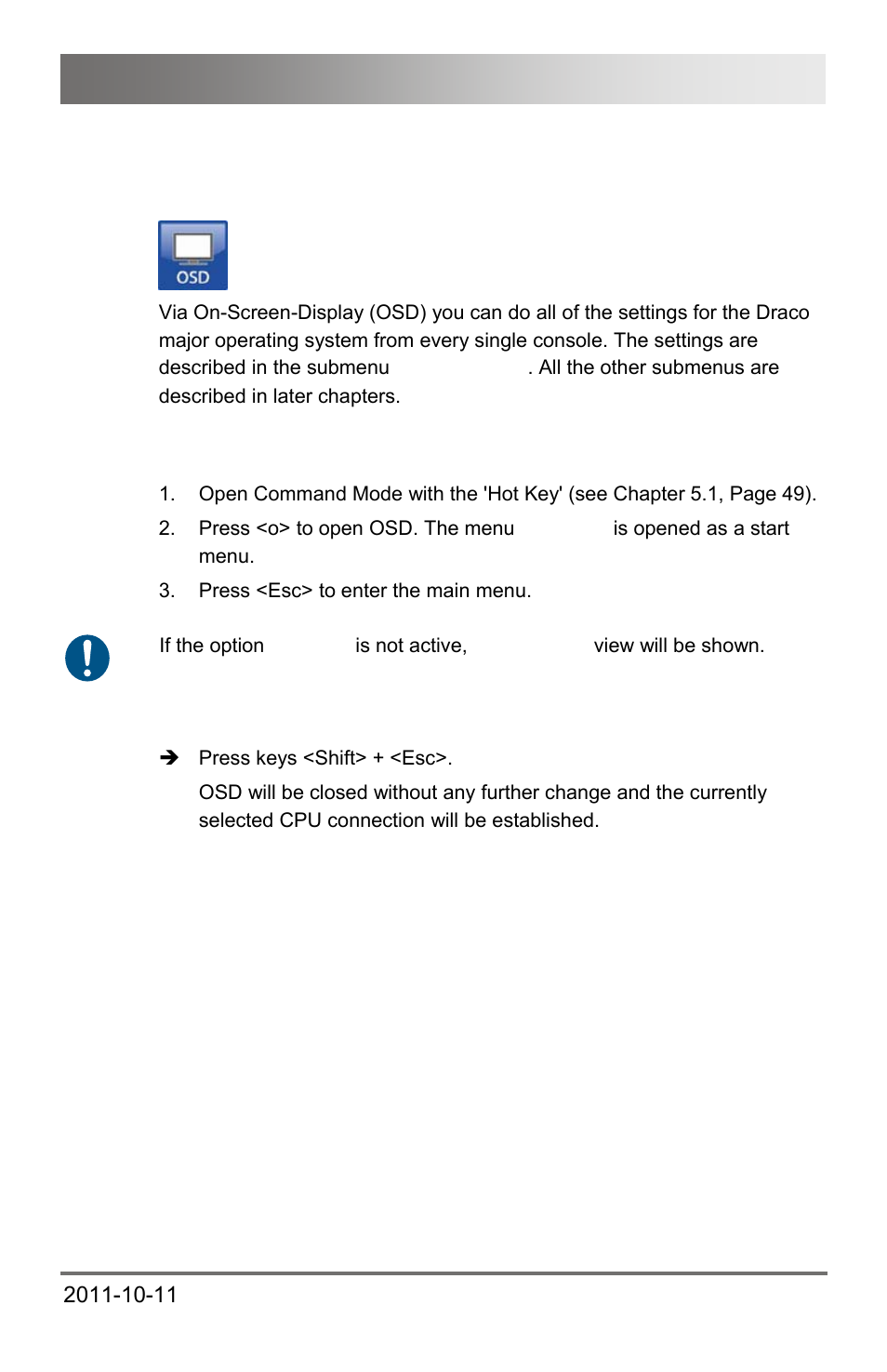 2 control of the draco major, 1 control via osd, Control of the draco major | Configuration | IHSE USA 474 Series Draco major User Manual | Page 51 / 167