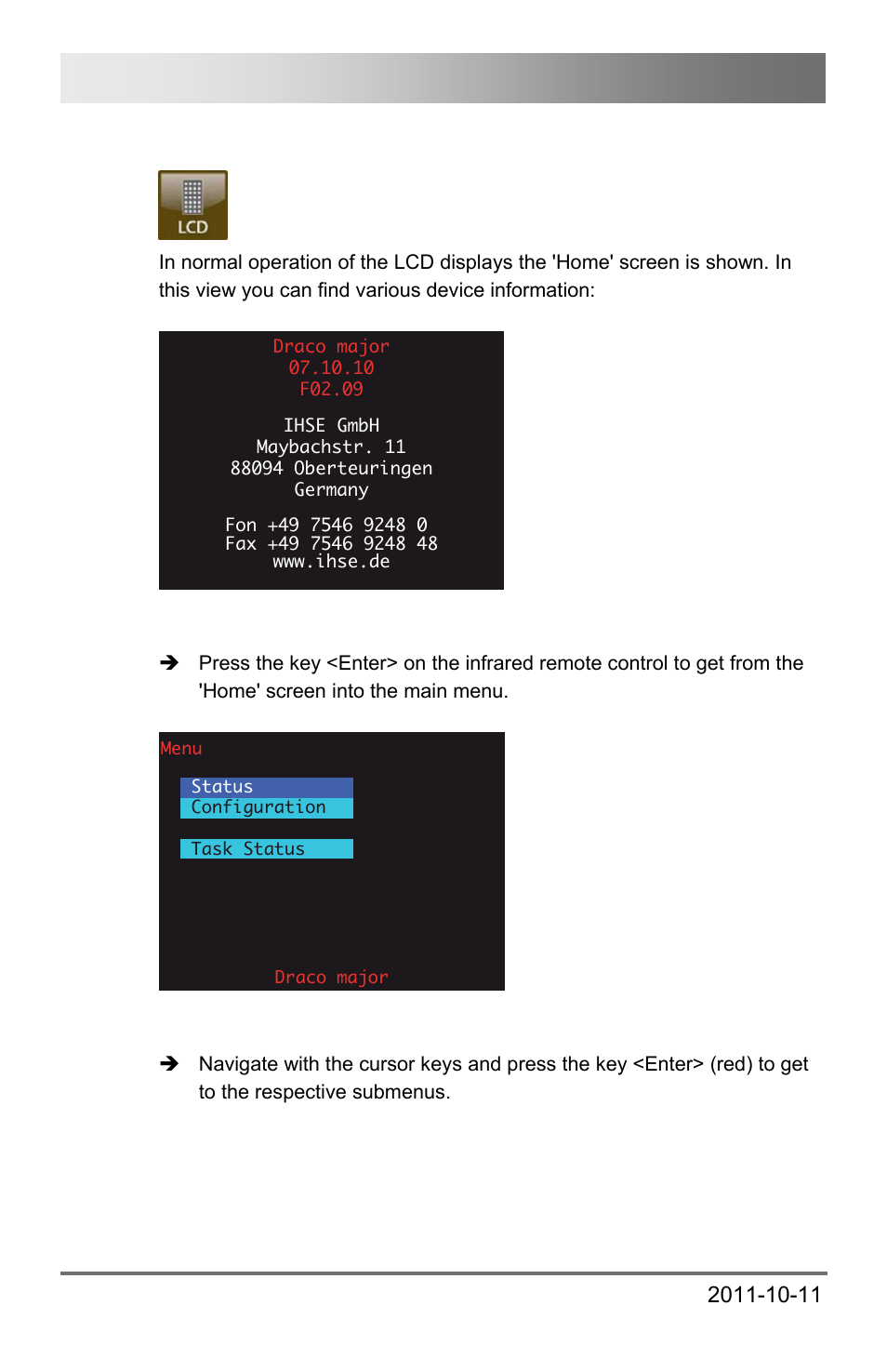 3 control via lcd display, 3 control, Via lcd display | Draco major 62 | IHSE USA 474 Series Draco major User Manual | Page 62 / 167