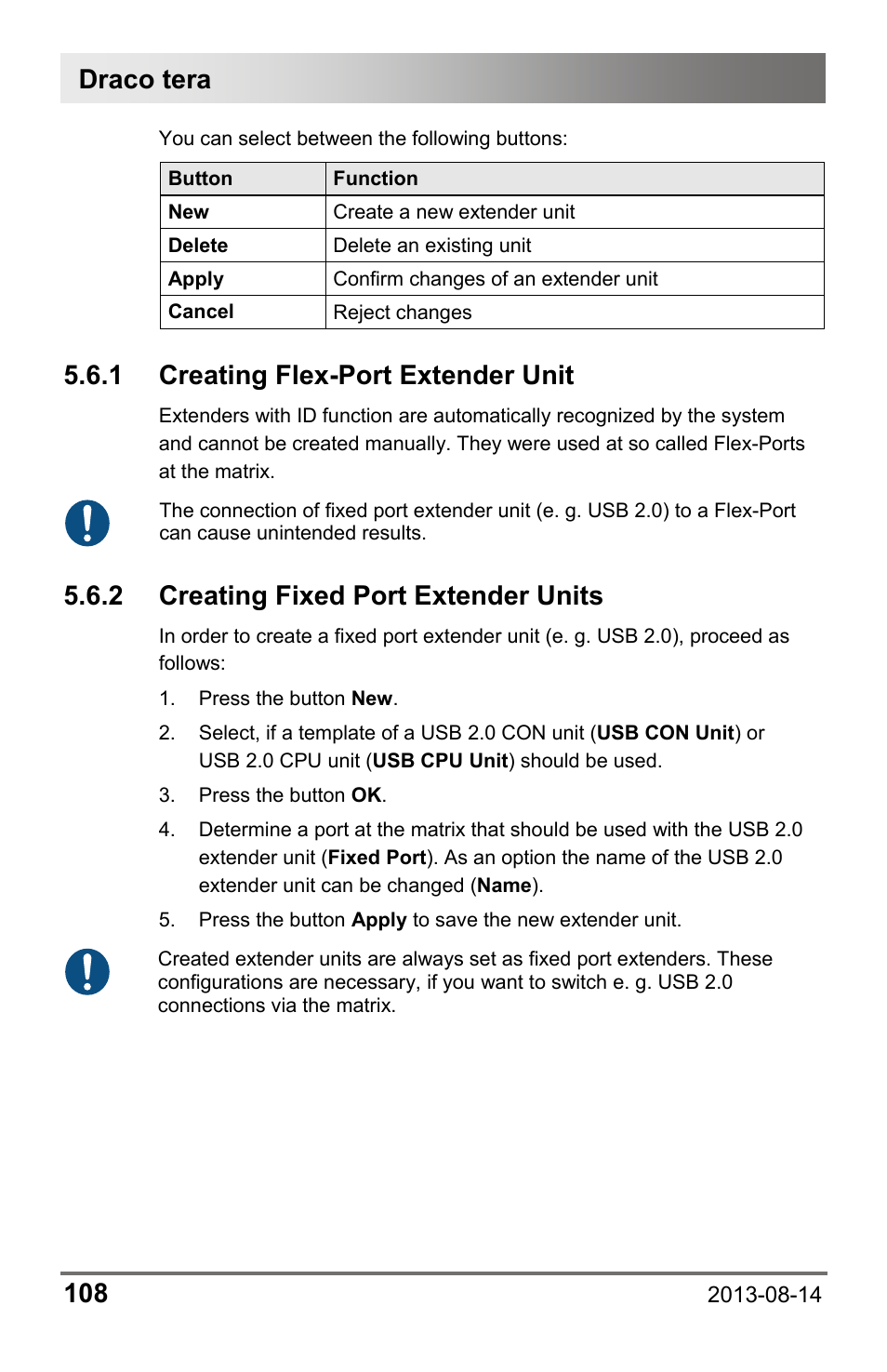 1 creating flex-port extender unit, 2 creating fixed port extender units, 1 creating | Flex-port extender unit, 2 creating, Fixed, Port extender units, Draco tera 108 | IHSE USA 480c Series Draco tera compact User Manual | Page 108 / 199