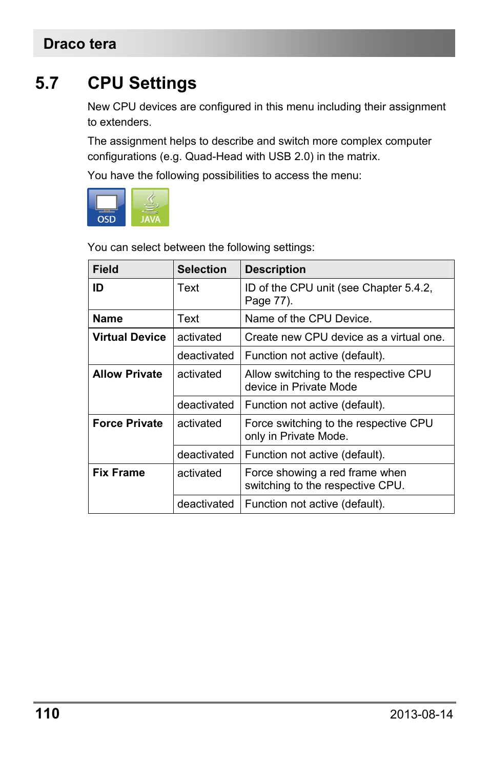 7 cpu settings, 7 cpu, Settings | Draco tera 110 | IHSE USA 480c Series Draco tera compact User Manual | Page 110 / 199