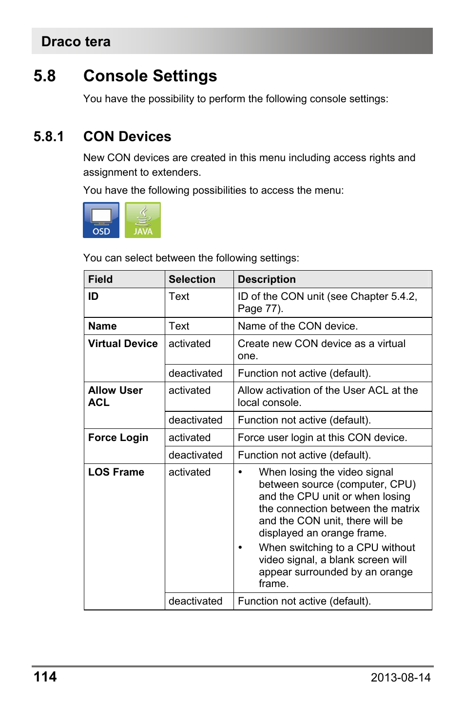 8 console settings, 1 con devices, 8 console | Settings, 1 con, Devices, Draco tera 114 | IHSE USA 480c Series Draco tera compact User Manual | Page 114 / 199