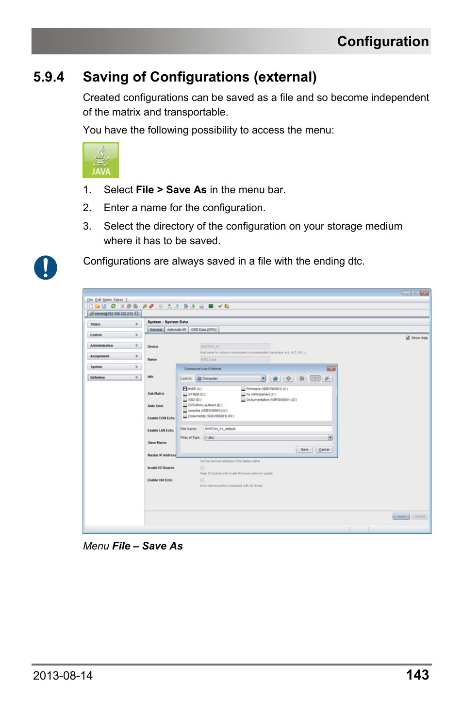 4 saving of configurations (external), Saving of configurations (external), Configuration | IHSE USA 480c Series Draco tera compact User Manual | Page 143 / 199