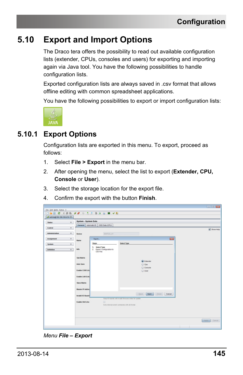 10 export and import options, 1 export options, 10 export | Import options, Configuration | IHSE USA 480c Series Draco tera compact User Manual | Page 145 / 199