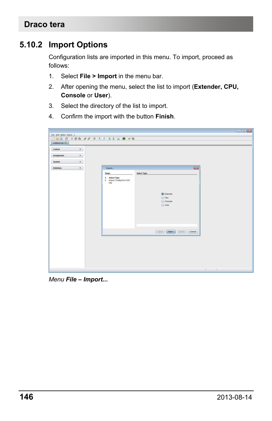 2 import options, Draco tera 146, Menu file – import | IHSE USA 480c Series Draco tera compact User Manual | Page 146 / 199