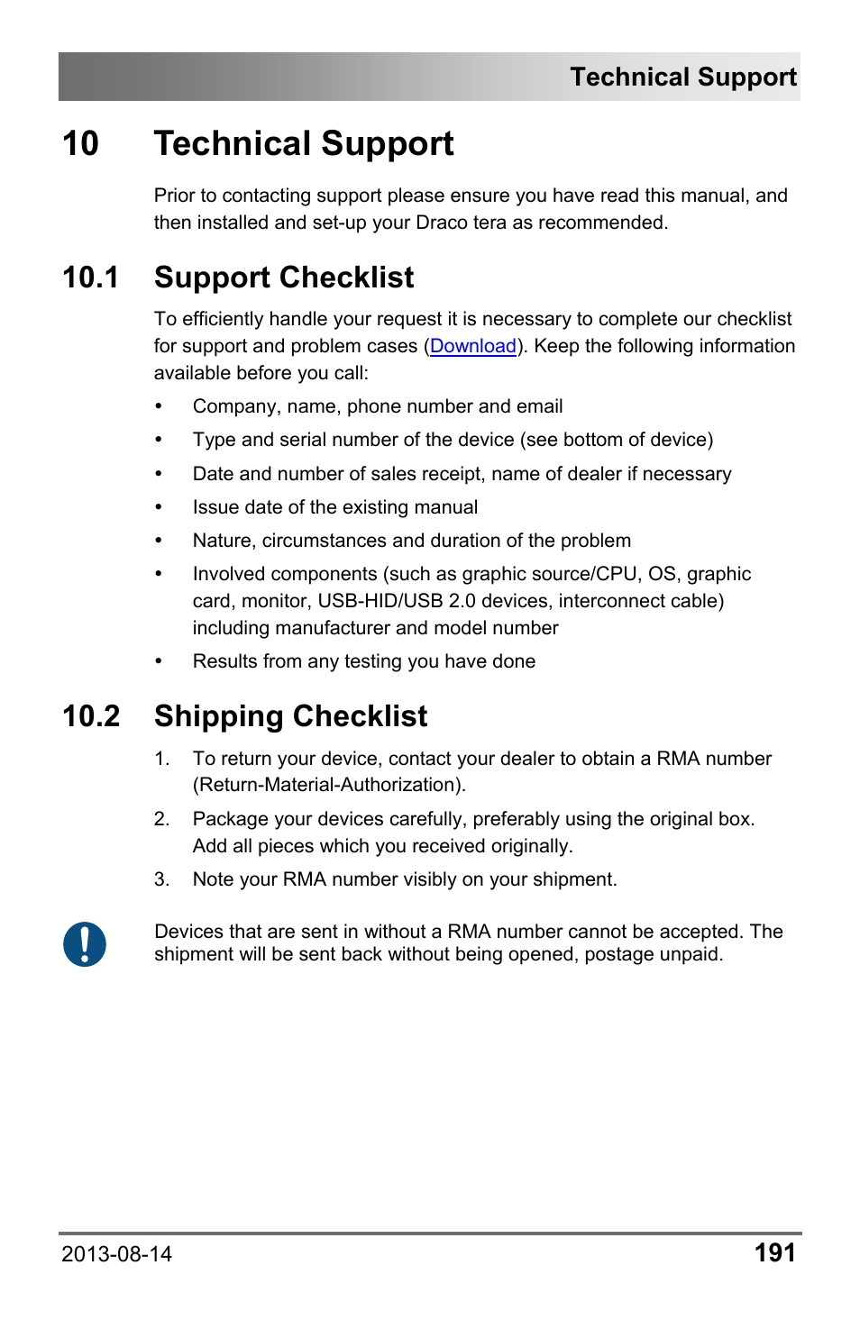 10 technical support, 1 support checklist, 2 shipping checklist | 1 support, Checklist, 2 shipping, Technical support | IHSE USA 480c Series Draco tera compact User Manual | Page 191 / 199