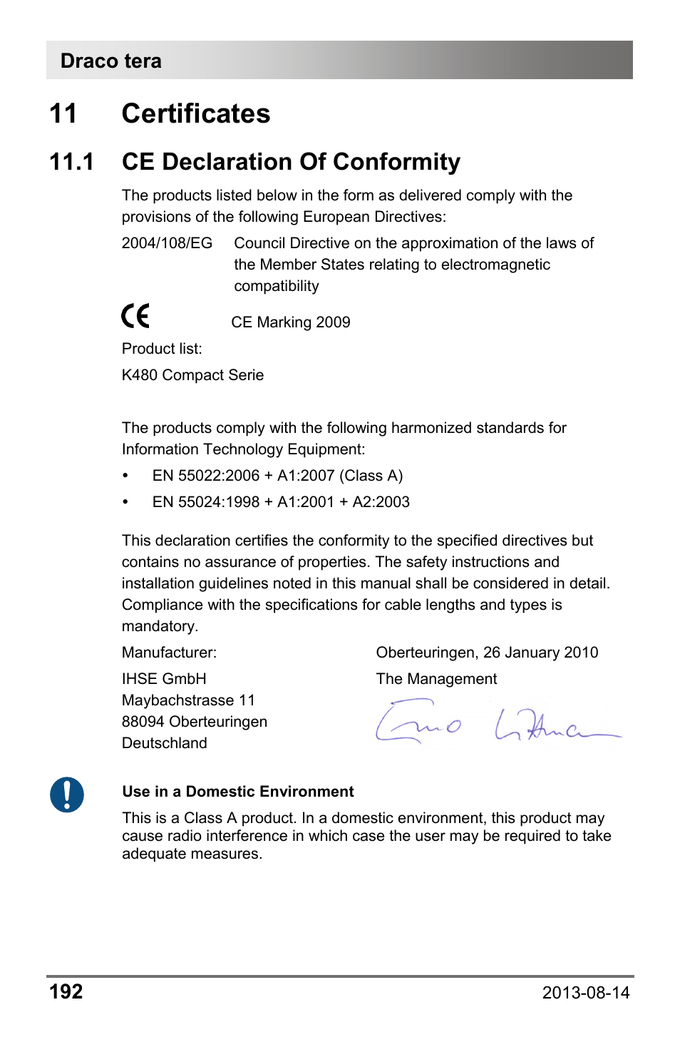 11 certificates, 1 ce declaration of conformity, 1 ce | Declaration of conformity, Draco tera 192 | IHSE USA 480c Series Draco tera compact User Manual | Page 192 / 199