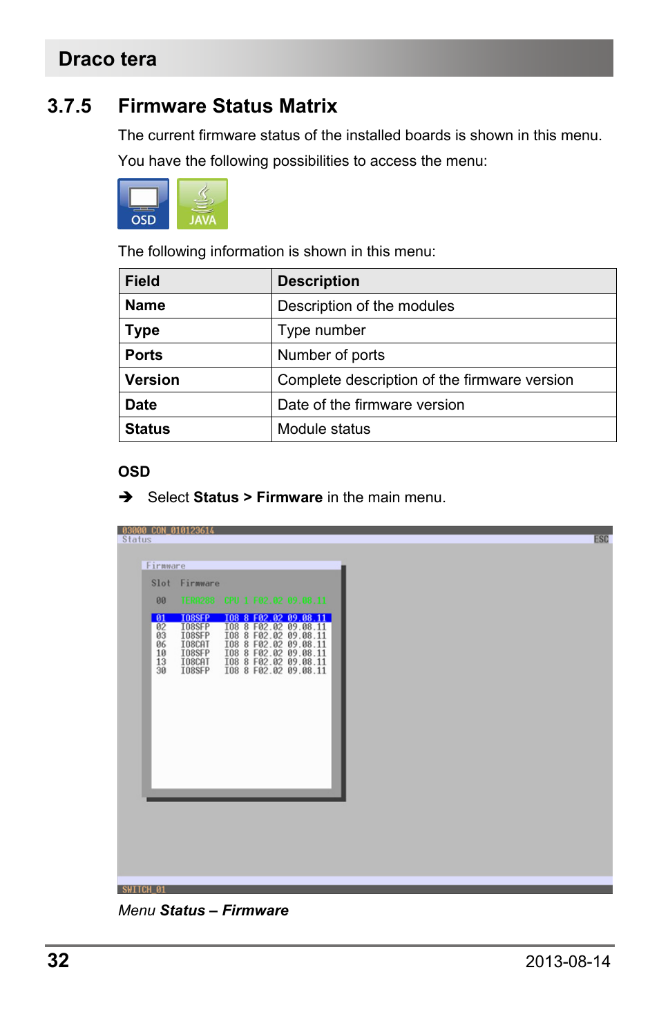 5 firmware status matrix, 5 firmware, Status matrix | Draco tera 32 | IHSE USA 480c Series Draco tera compact User Manual | Page 32 / 199