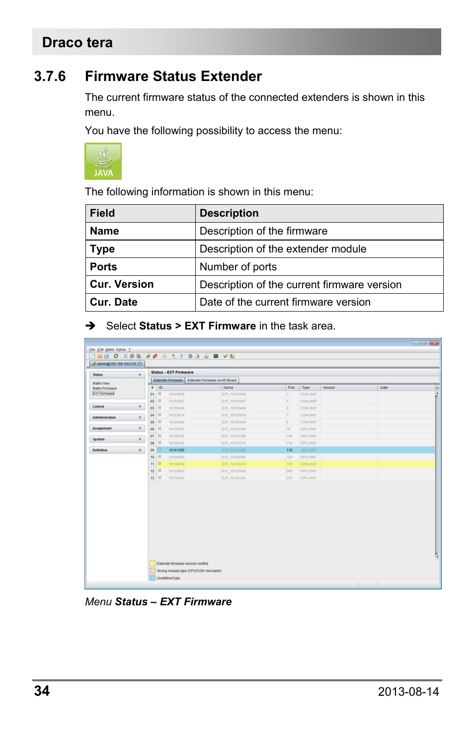 6 firmware status extender, 6 firmware, Status extender | Draco tera 34 | IHSE USA 480c Series Draco tera compact User Manual | Page 34 / 199