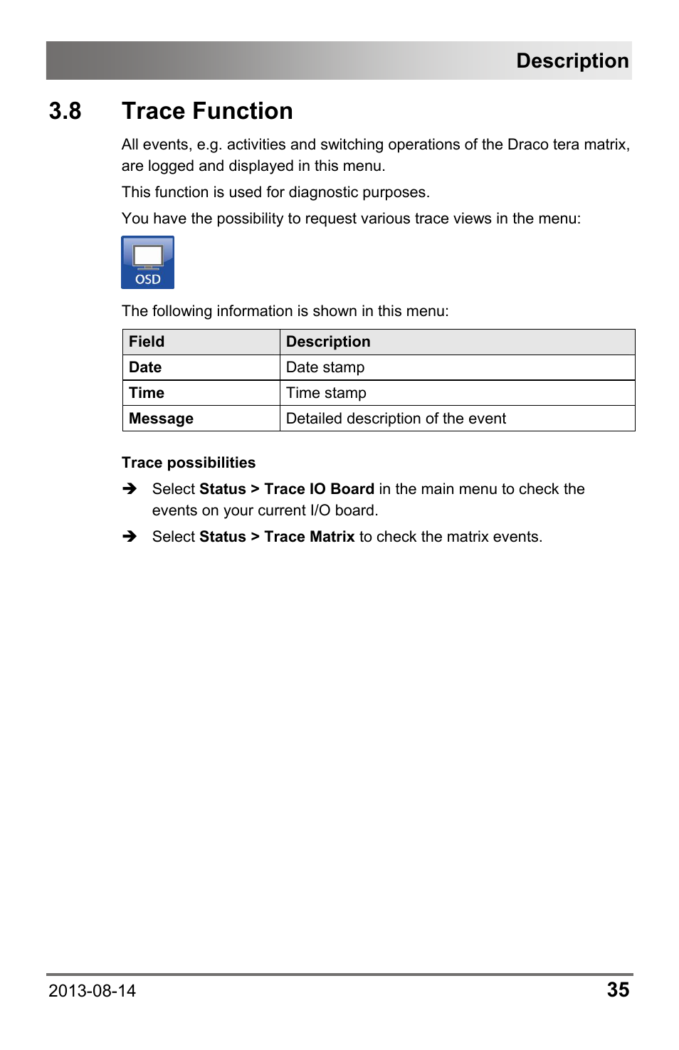 8 trace function, 8 trace, Function | Description | IHSE USA 480c Series Draco tera compact User Manual | Page 35 / 199