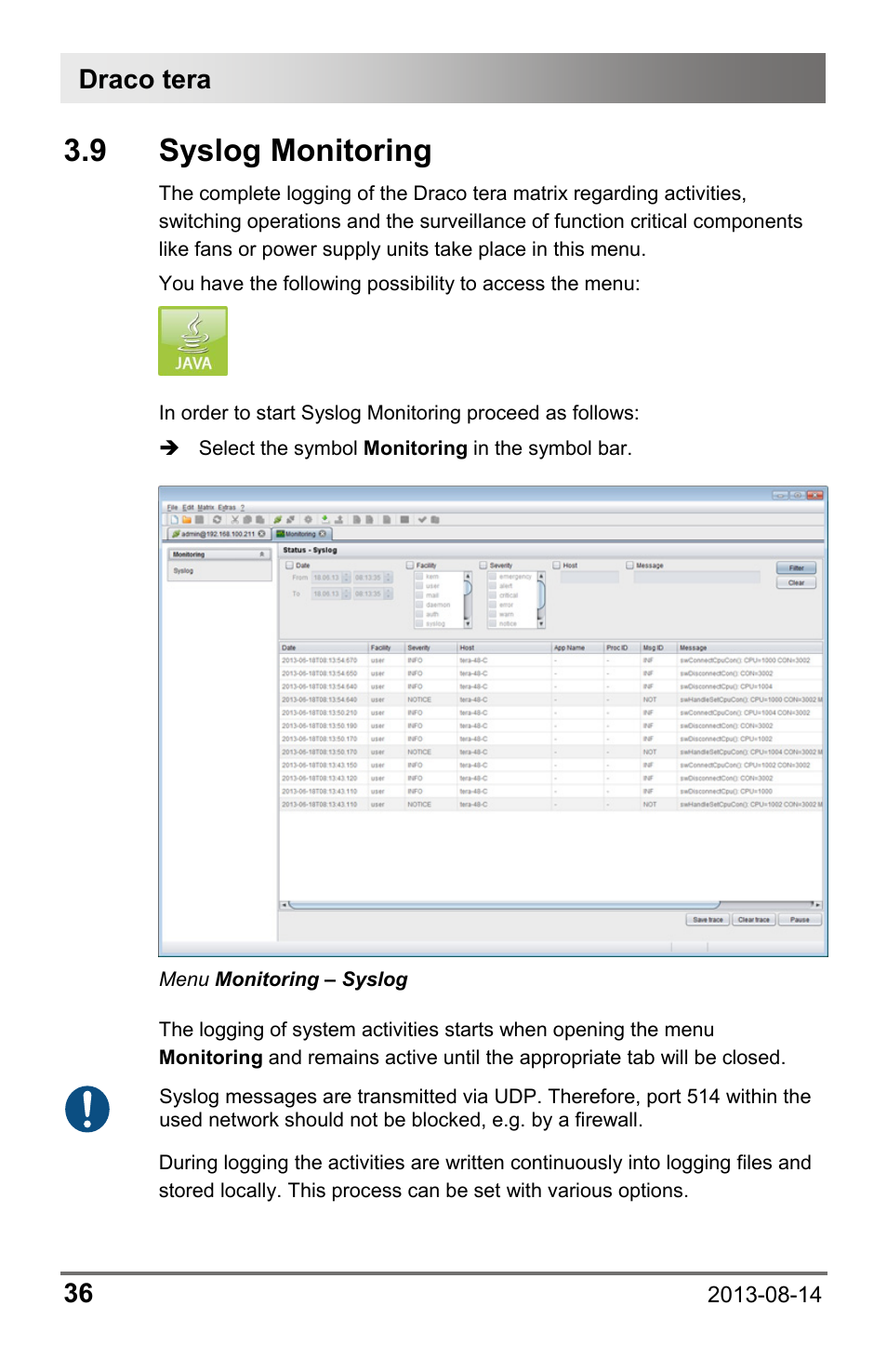 9 syslog monitoring, 9 syslog, Monitoring | Draco tera 36 | IHSE USA 480c Series Draco tera compact User Manual | Page 36 / 199