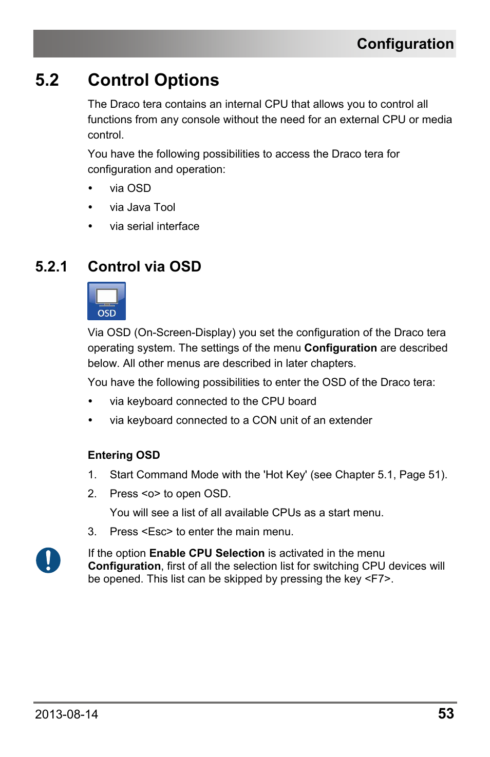 2 control options, 1 control via osd, 2 control | Options, Configuration | IHSE USA 480c Series Draco tera compact User Manual | Page 53 / 199
