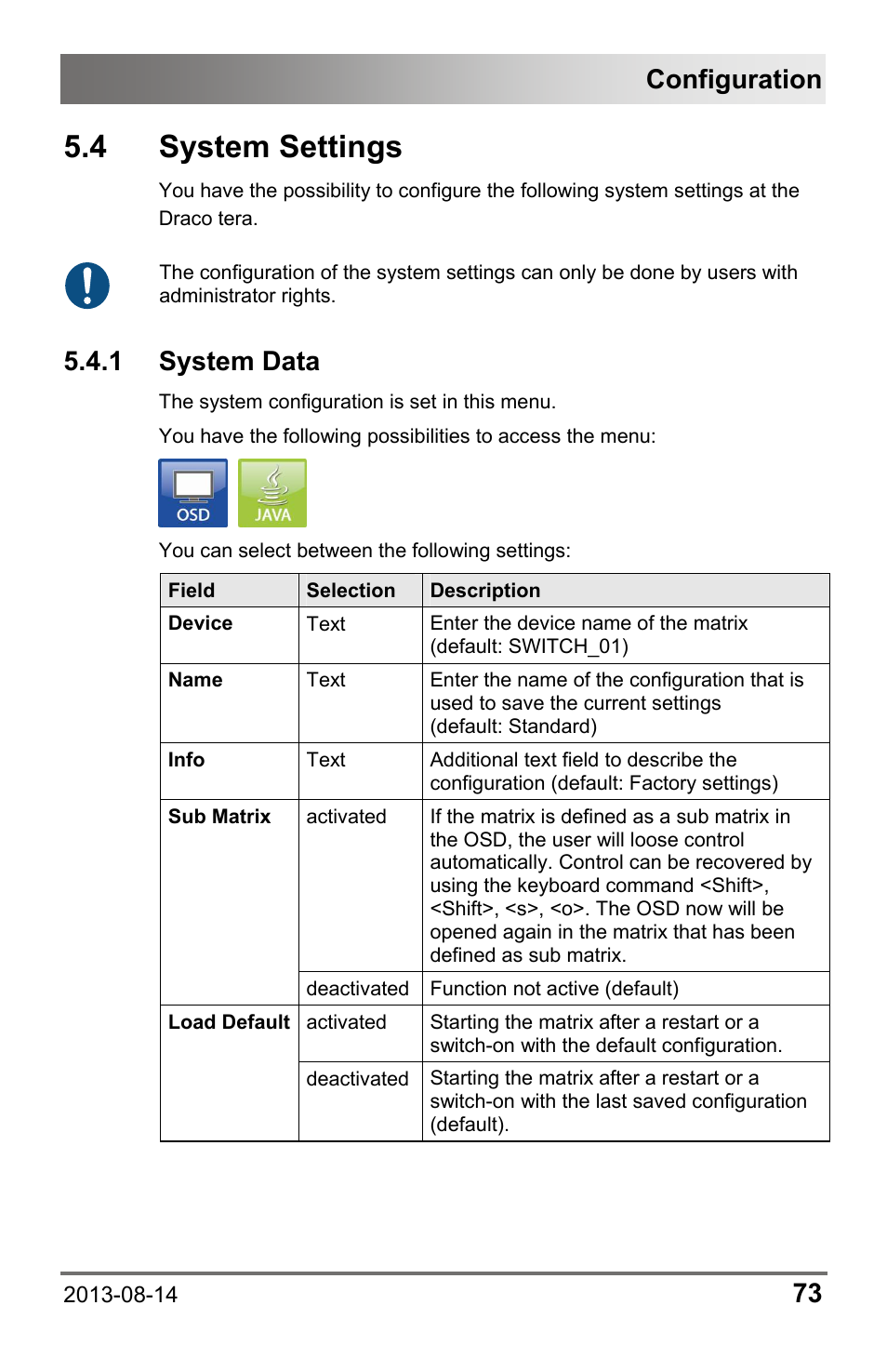 4 system settings, 1 system data, 4 system | Settings, 1 system, Data, Configuration | IHSE USA 480c Series Draco tera compact User Manual | Page 73 / 199