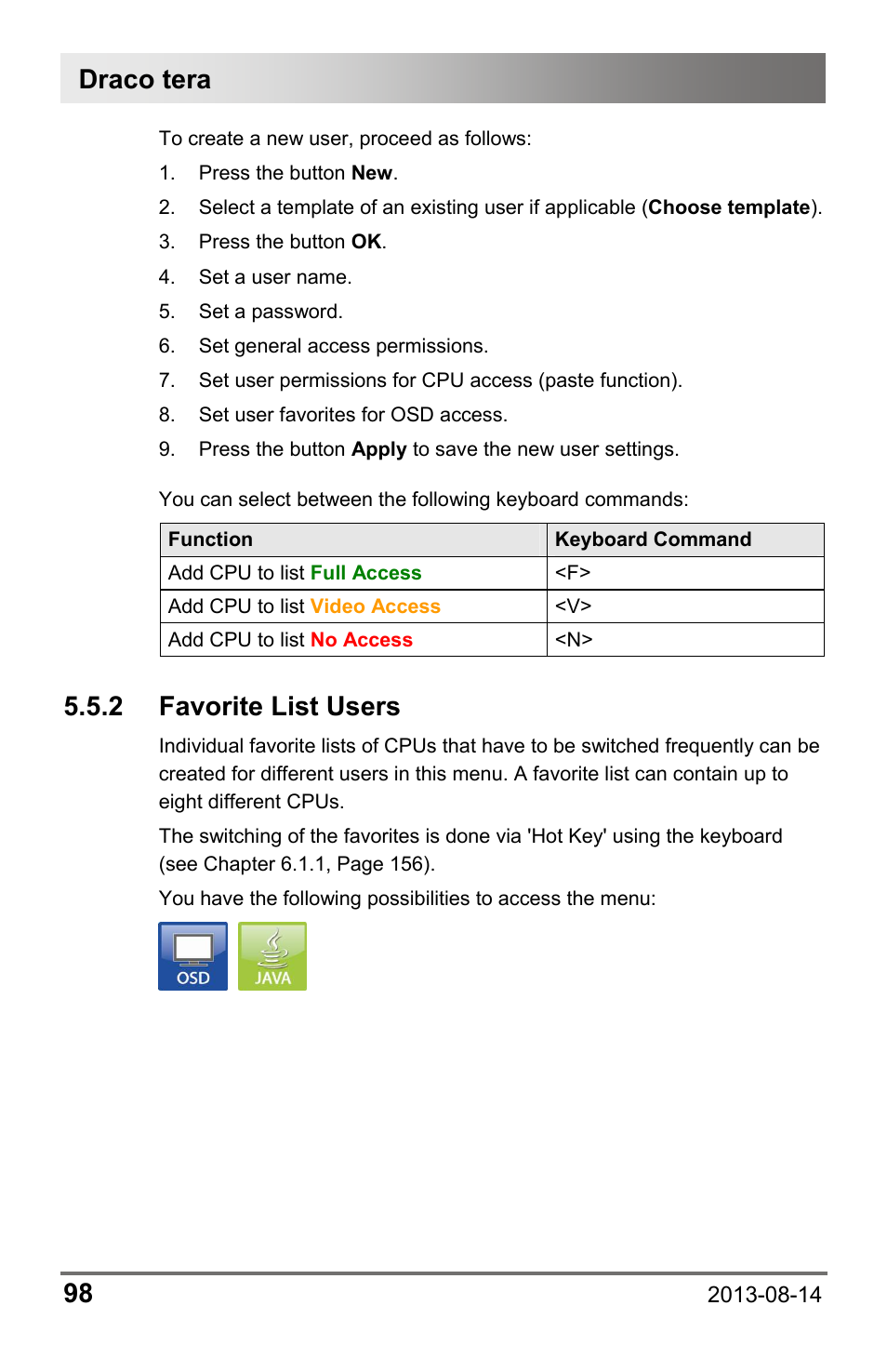 2 favorite list users, 2 favorite, List users | Draco tera 98 | IHSE USA 480c Series Draco tera compact User Manual | Page 98 / 199
