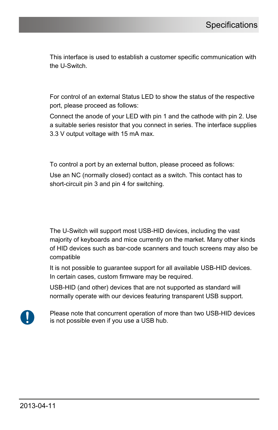 2 rj10 / 4p4c, 2 supported peripherals, 1 usb-hid devices | Rj10 / 4p4c, Supported peripherals, Usb-hid devices, Specifications | IHSE USA 476 Series Draco U-Switch User Manual | Page 25 / 35