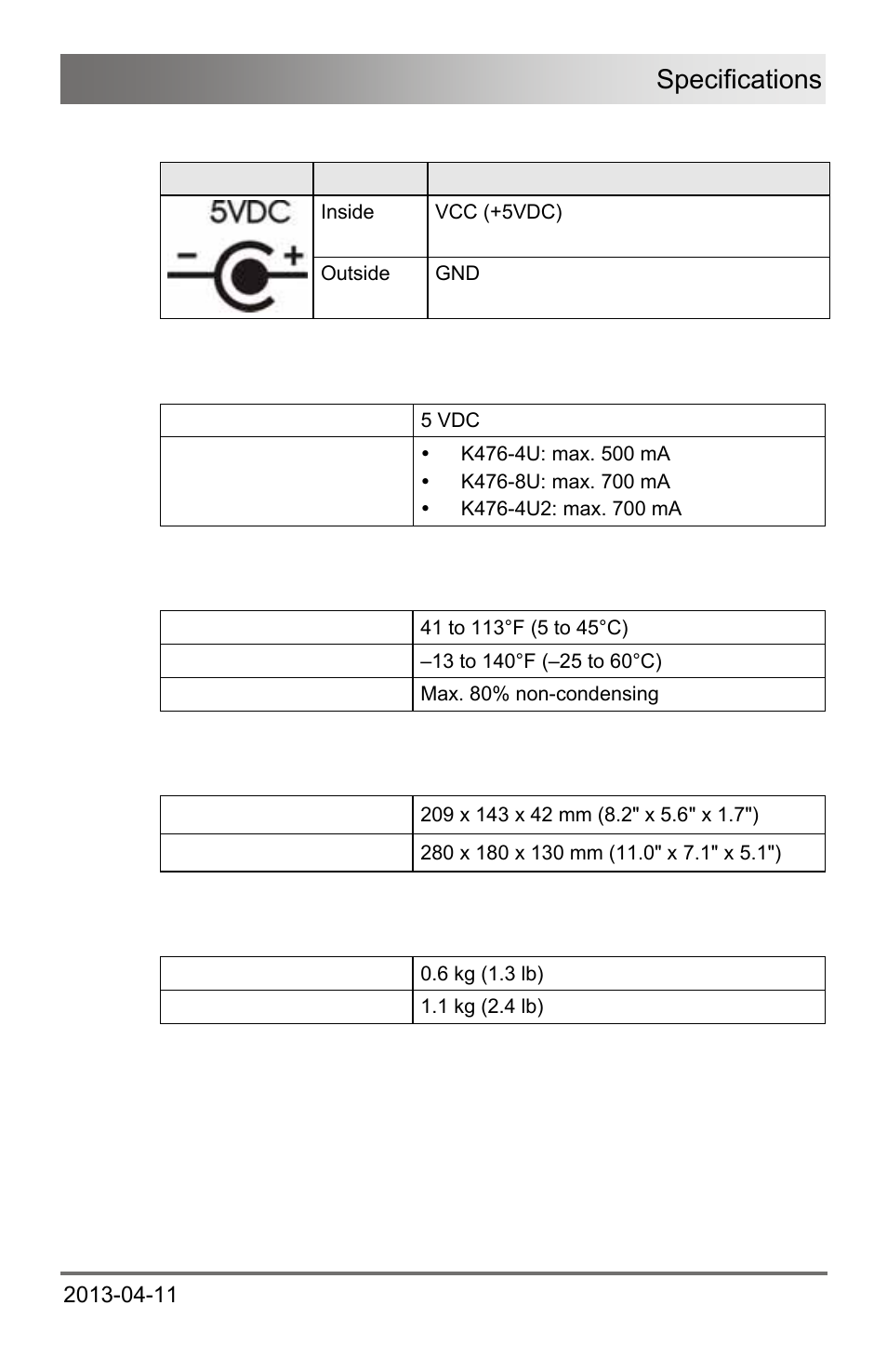 4 power supply, 5 environmental conditions, 6 size | 7 shipping weight, Power supply, Environmental conditions, Size, Shipping weight, Specifications | IHSE USA 476 Series Draco U-Switch User Manual | Page 27 / 35
