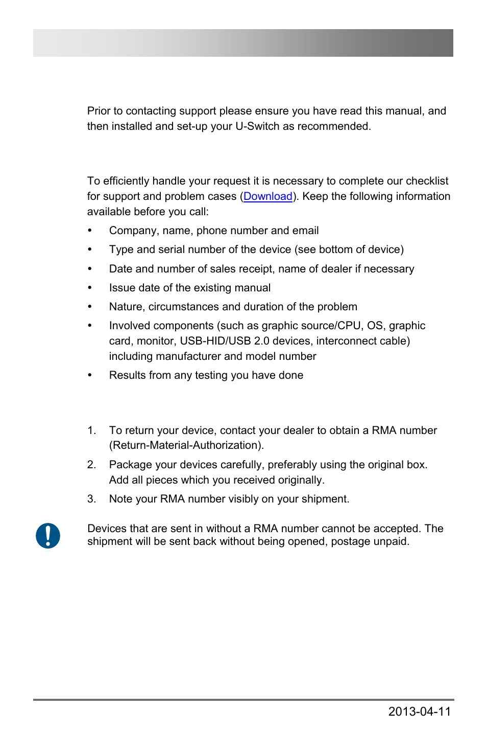 9 technical support, 1 support checklist, 2 shipping checklist | 9 technical, Support, Support checklist, Shipping checklist, Draco u-switch 30 | IHSE USA 476 Series Draco U-Switch User Manual | Page 30 / 35