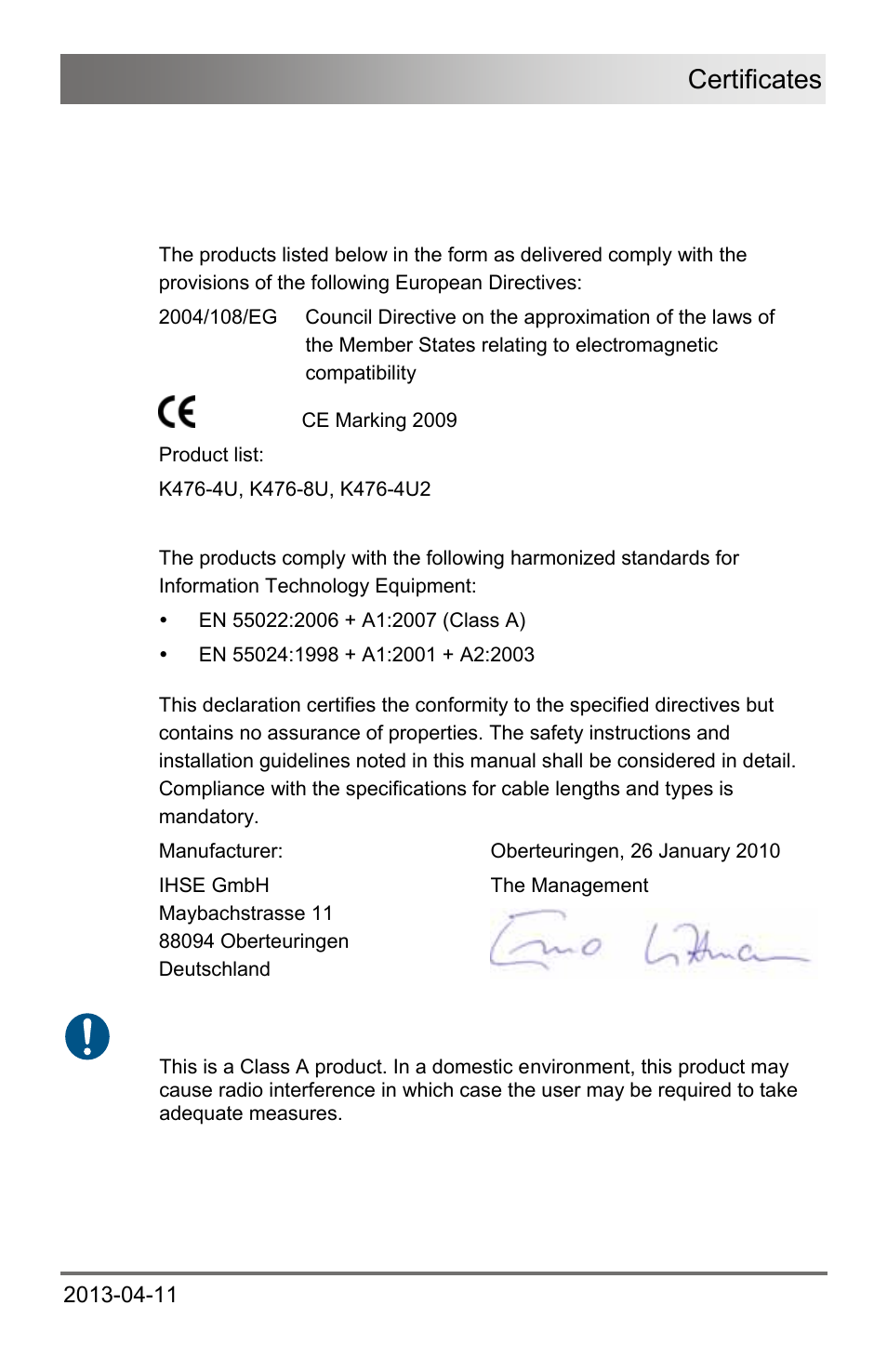 10 certificates, 1 ce declaration of conformity, Certificates | IHSE USA 476 Series Draco U-Switch User Manual | Page 31 / 35