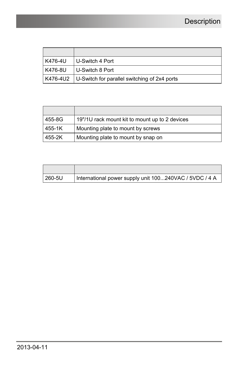 3 product range, 4 upgrade kits, 5 accessories | Product range, Upgrade kits, Accessories, Description | IHSE USA 476 Series Draco U-Switch User Manual | Page 9 / 35