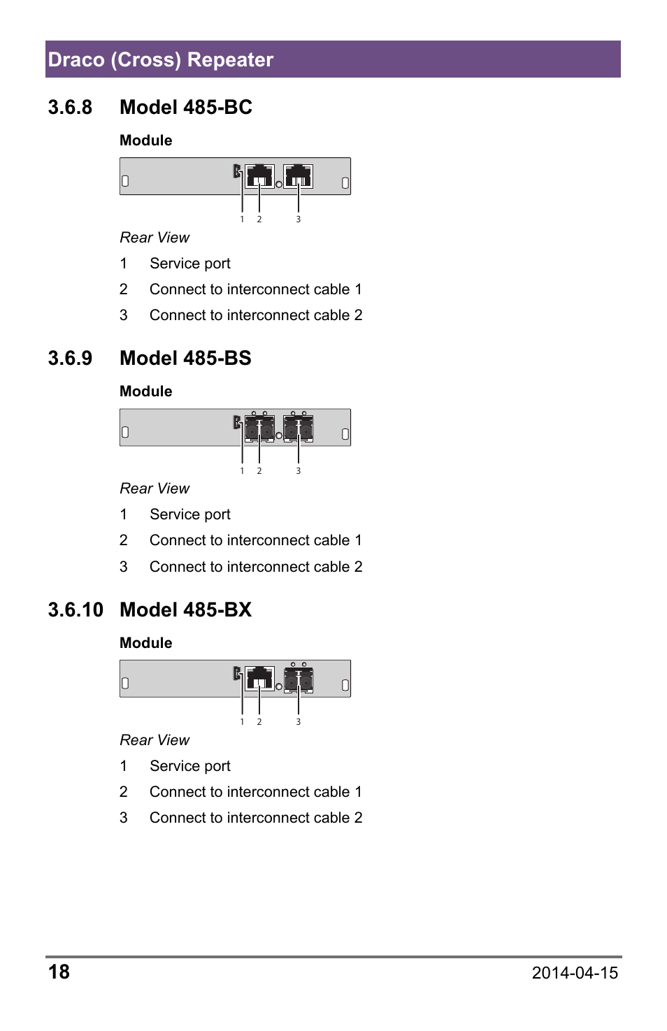 8 model 485-bc, 9 model 485-bs, 10 model 485-bx | Draco (cross) repeater 18 | IHSE USA 485 Series Repeater and Cross Repeater User Manual | Page 18 / 40