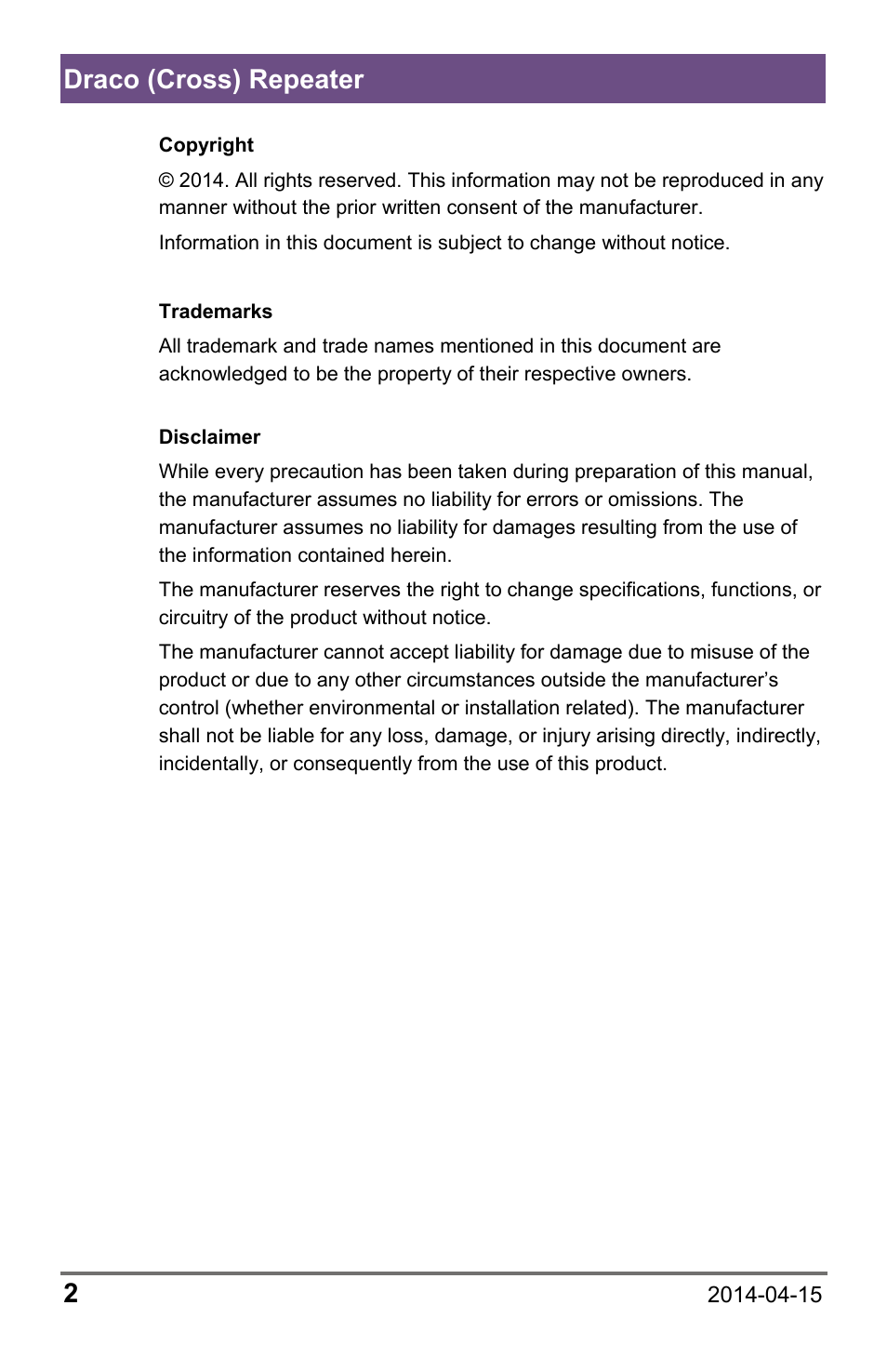 Draco (cross) repeater 2 | IHSE USA 485 Series Repeater and Cross Repeater User Manual | Page 2 / 40