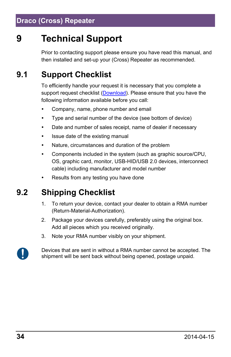 9 technical support, 1 support checklist, 2 shipping checklist | 9 technical, Support, 1 support, Checklist, 2 shipping, Draco (cross) repeater 34 | IHSE USA 485 Series Repeater and Cross Repeater User Manual | Page 34 / 40