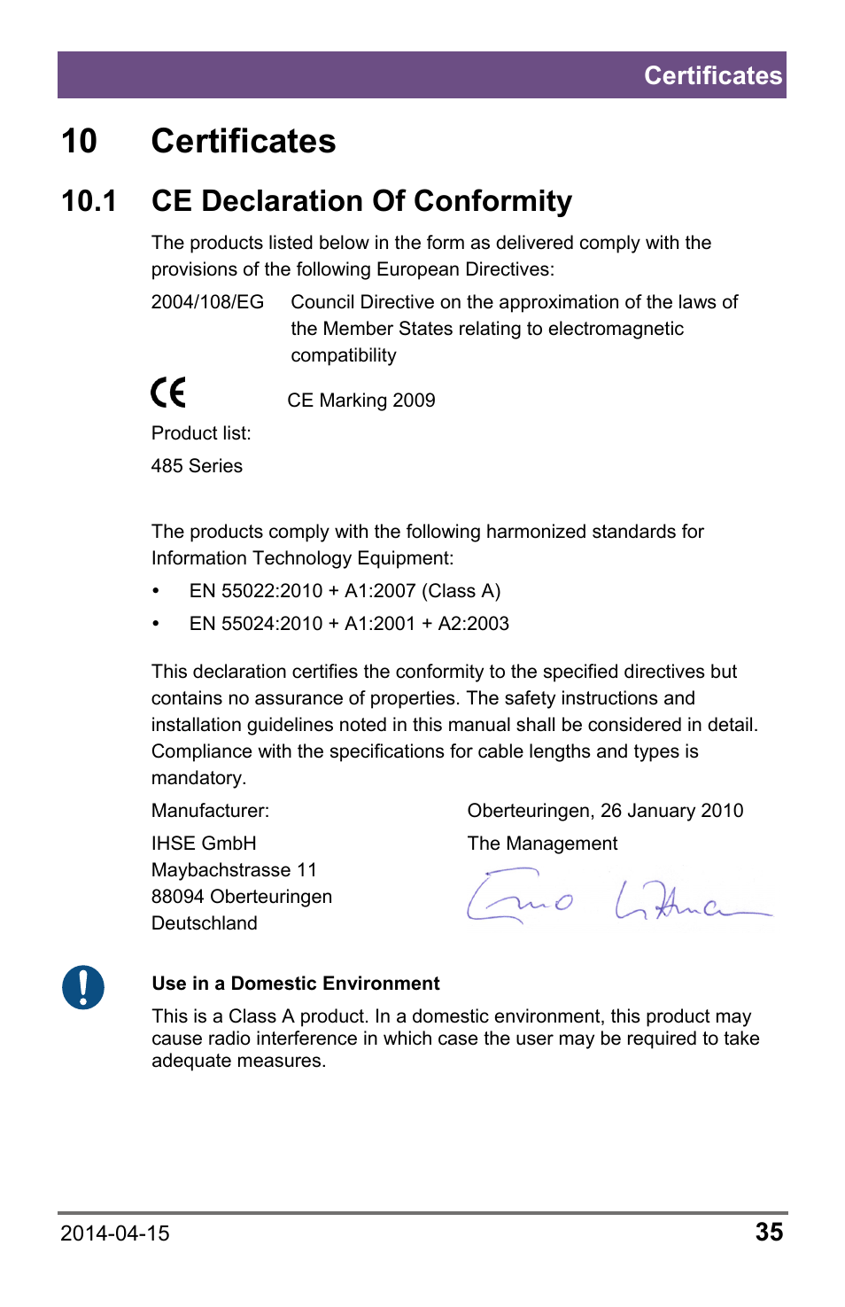10 certificates, 1 ce declaration of conformity, 1 ce | Declaration of conformity, Certificates | IHSE USA 485 Series Repeater and Cross Repeater User Manual | Page 35 / 40