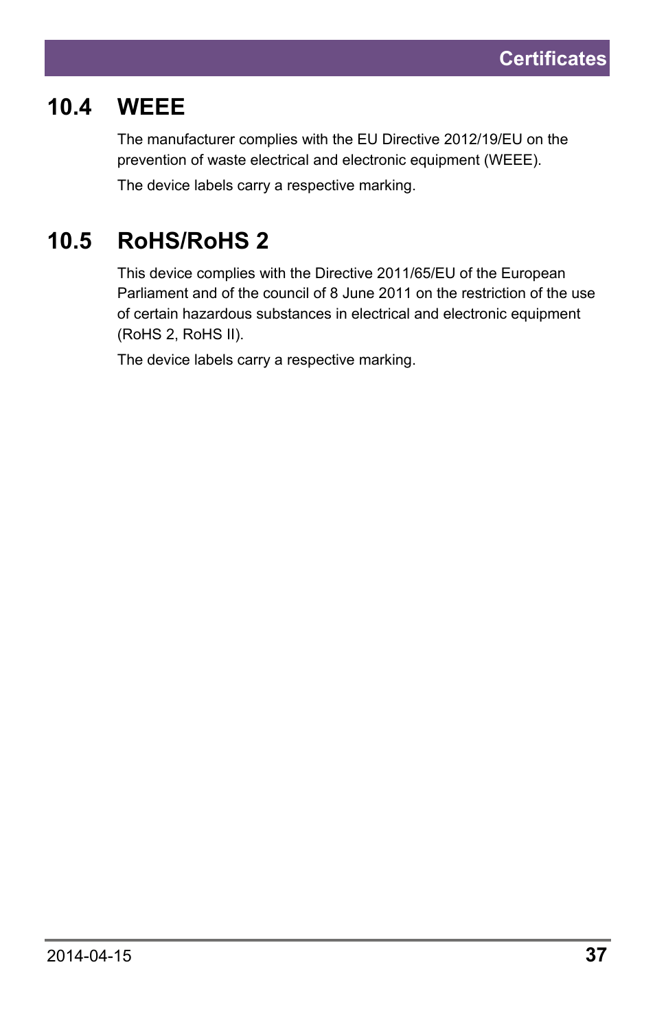 4 weee, 5 rohs/rohs 2, Certificates | IHSE USA 485 Series Repeater and Cross Repeater User Manual | Page 37 / 40