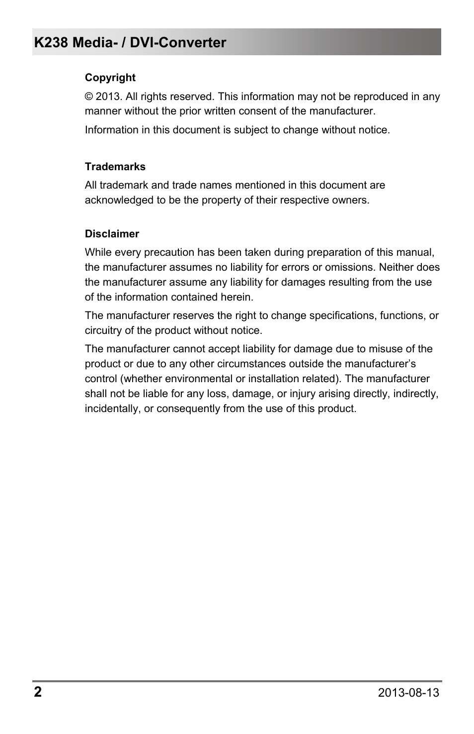 K238 media- / dvi-converter 2 | IHSE USA 238 Series Media Converter User Manual | Page 2 / 64